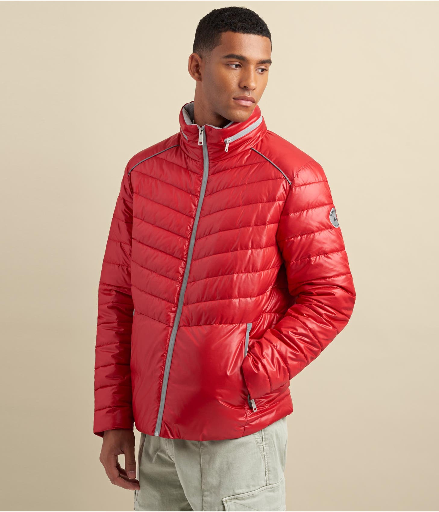 Men's Puffer Leather Jacket In Red With Removable Hood