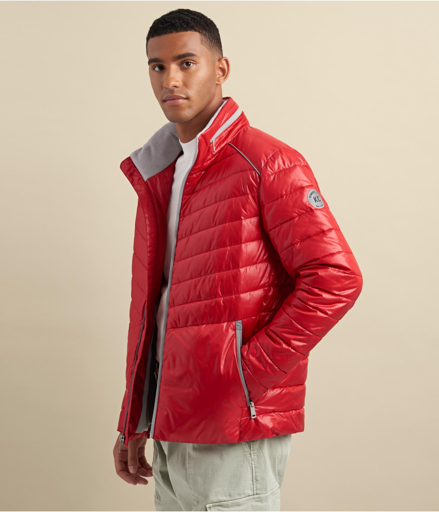Men's Puffer Leather Jacket In Red With Removable Hood