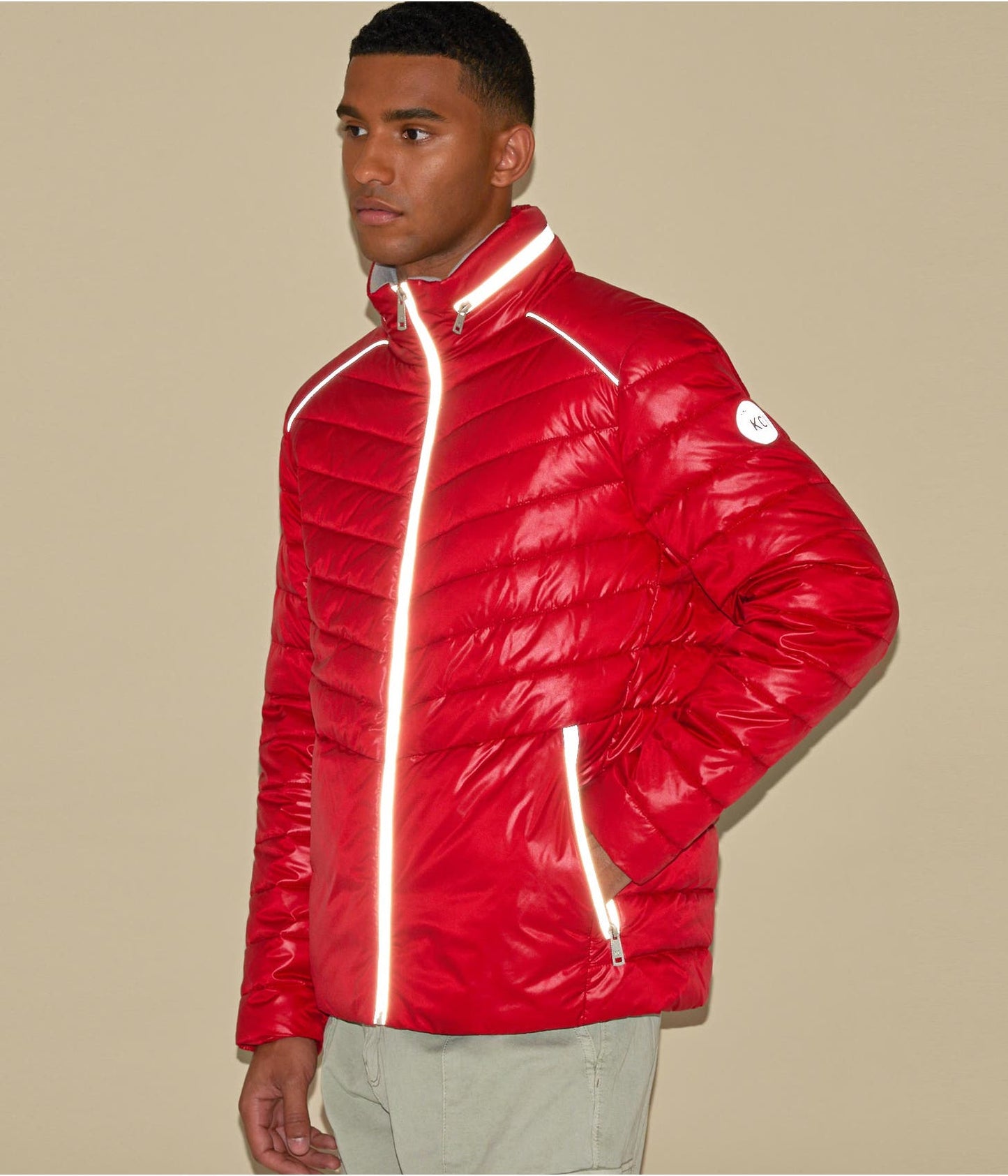Men's Puffer Leather Jacket In Red With Removable Hood