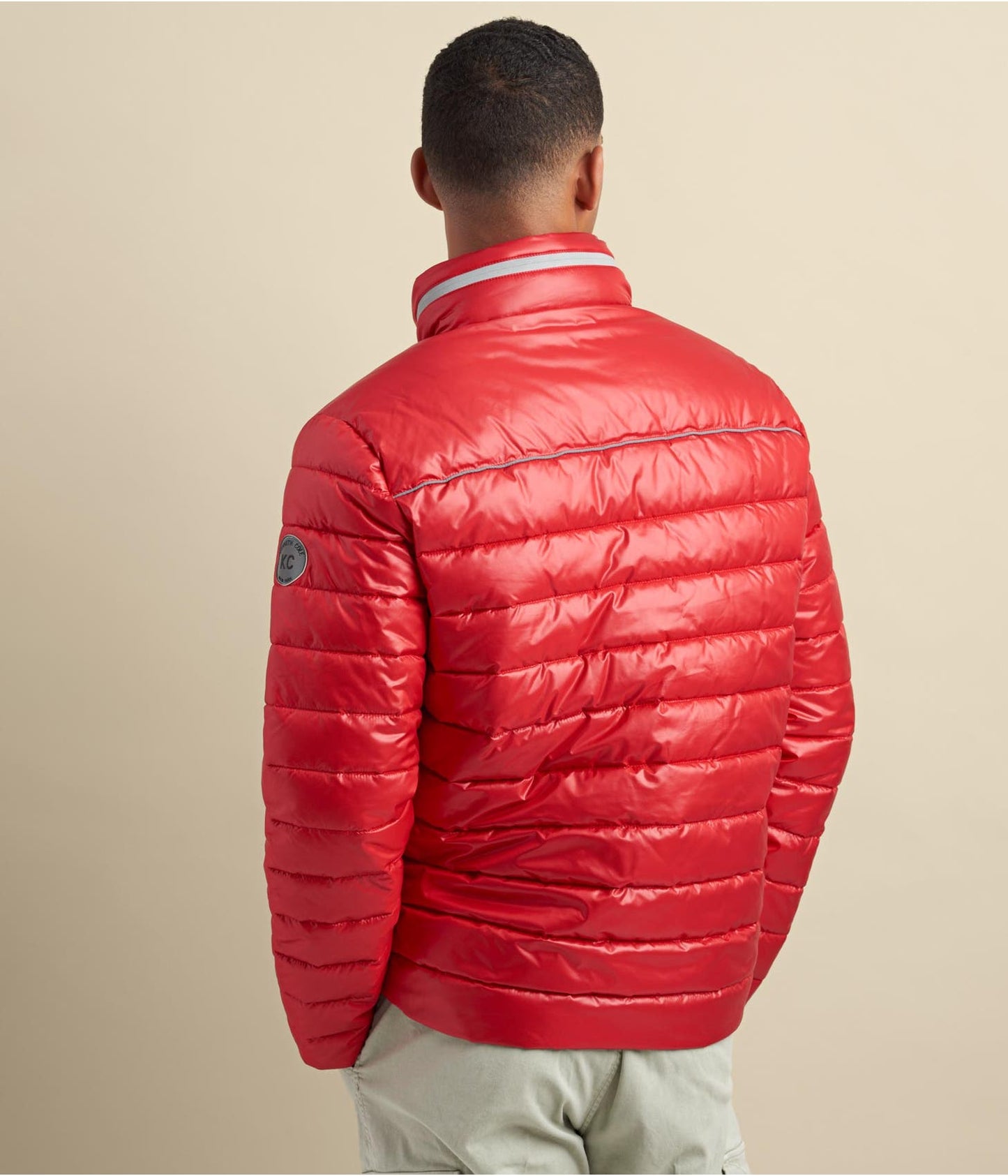 Men's Puffer Leather Jacket In Red With Removable Hood