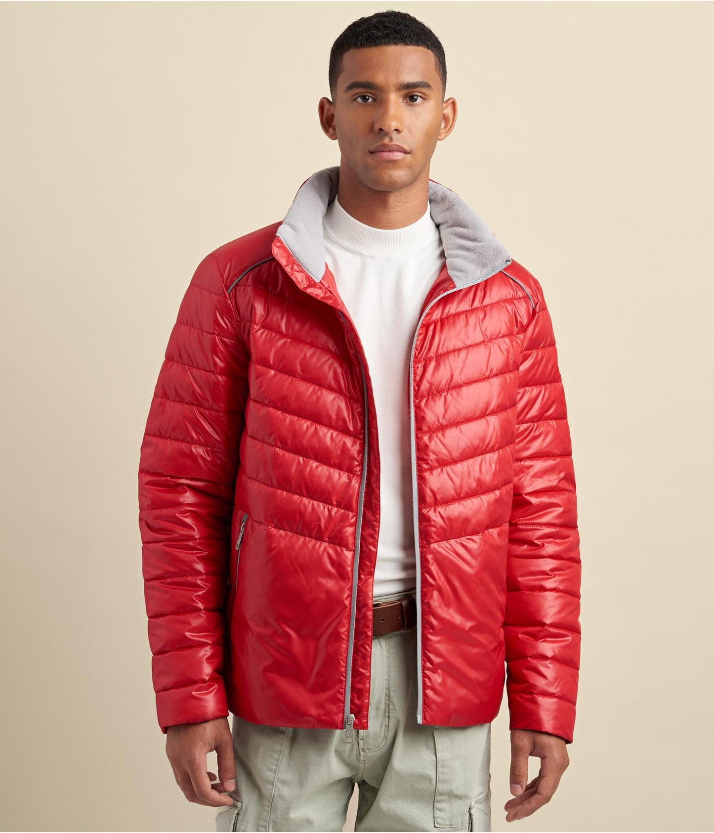 Men's Puffer Leather Jacket In Red With Removable Hood