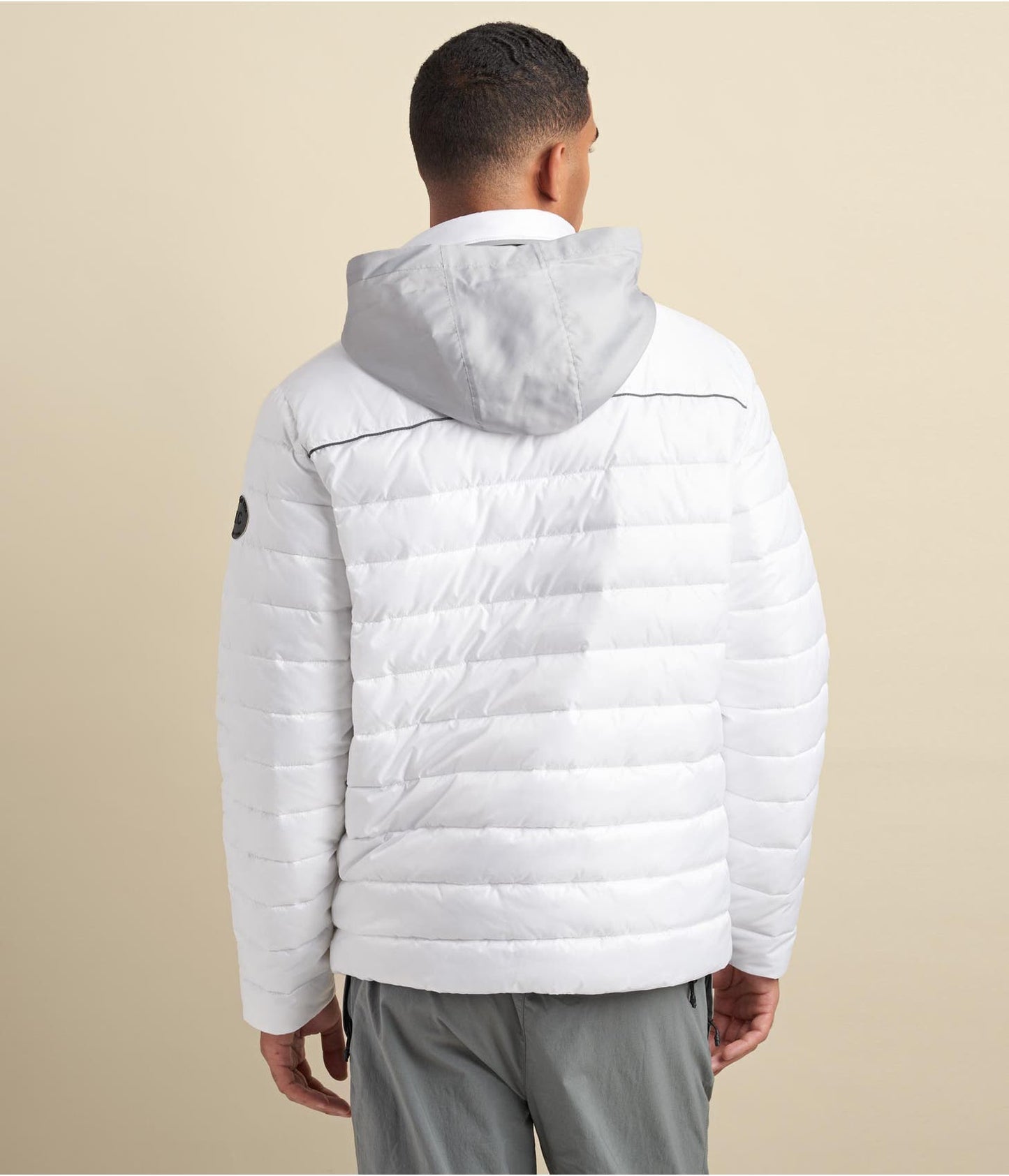 Men's Puffer Leather Jacket In White With Removable Hood