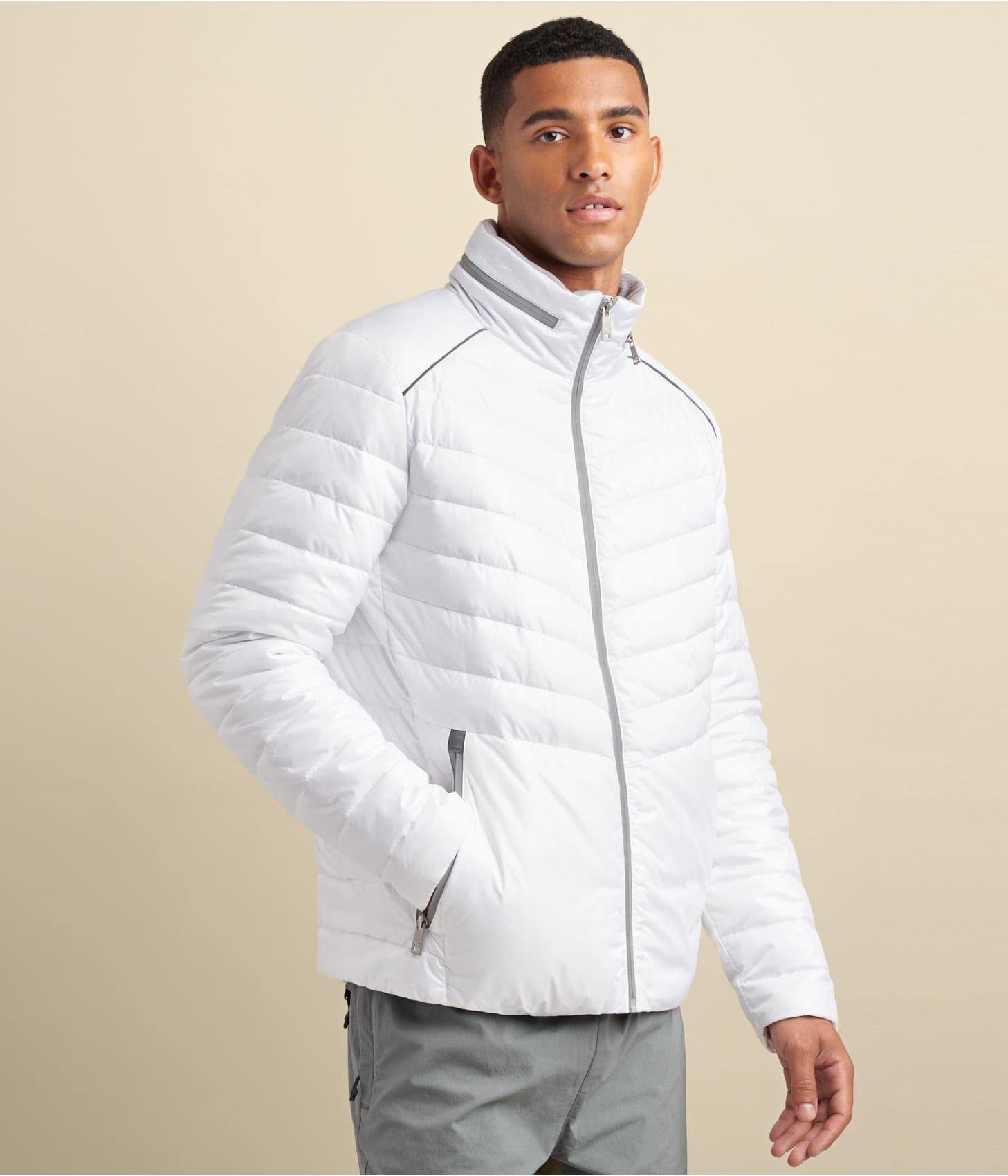 Men's Puffer Leather Jacket In White With Removable Hood