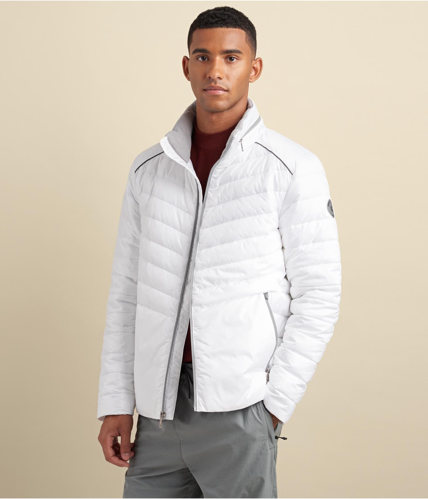 Men's Puffer Leather Jacket In White With Removable Hood