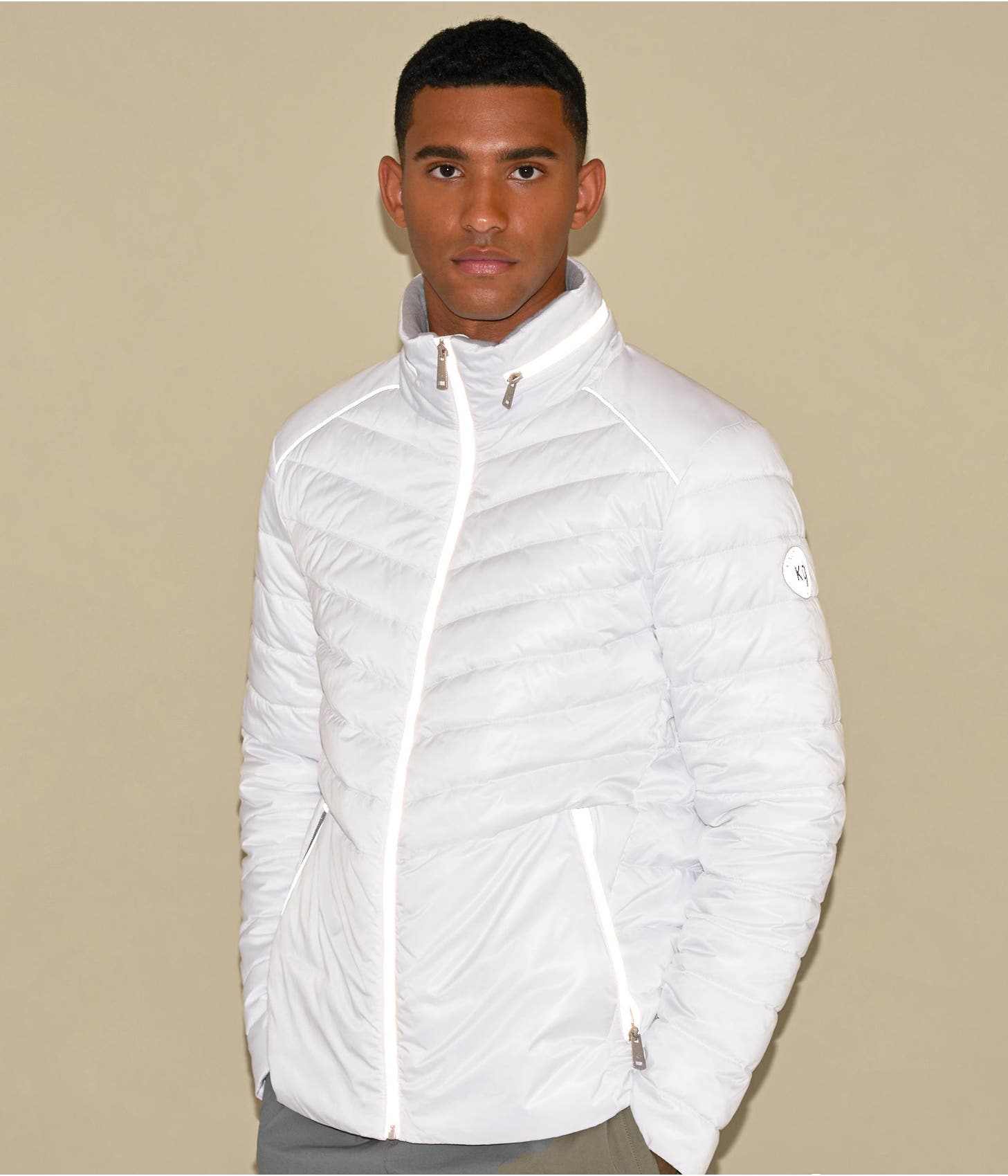 Men's Puffer Leather Jacket In White With Removable Hood