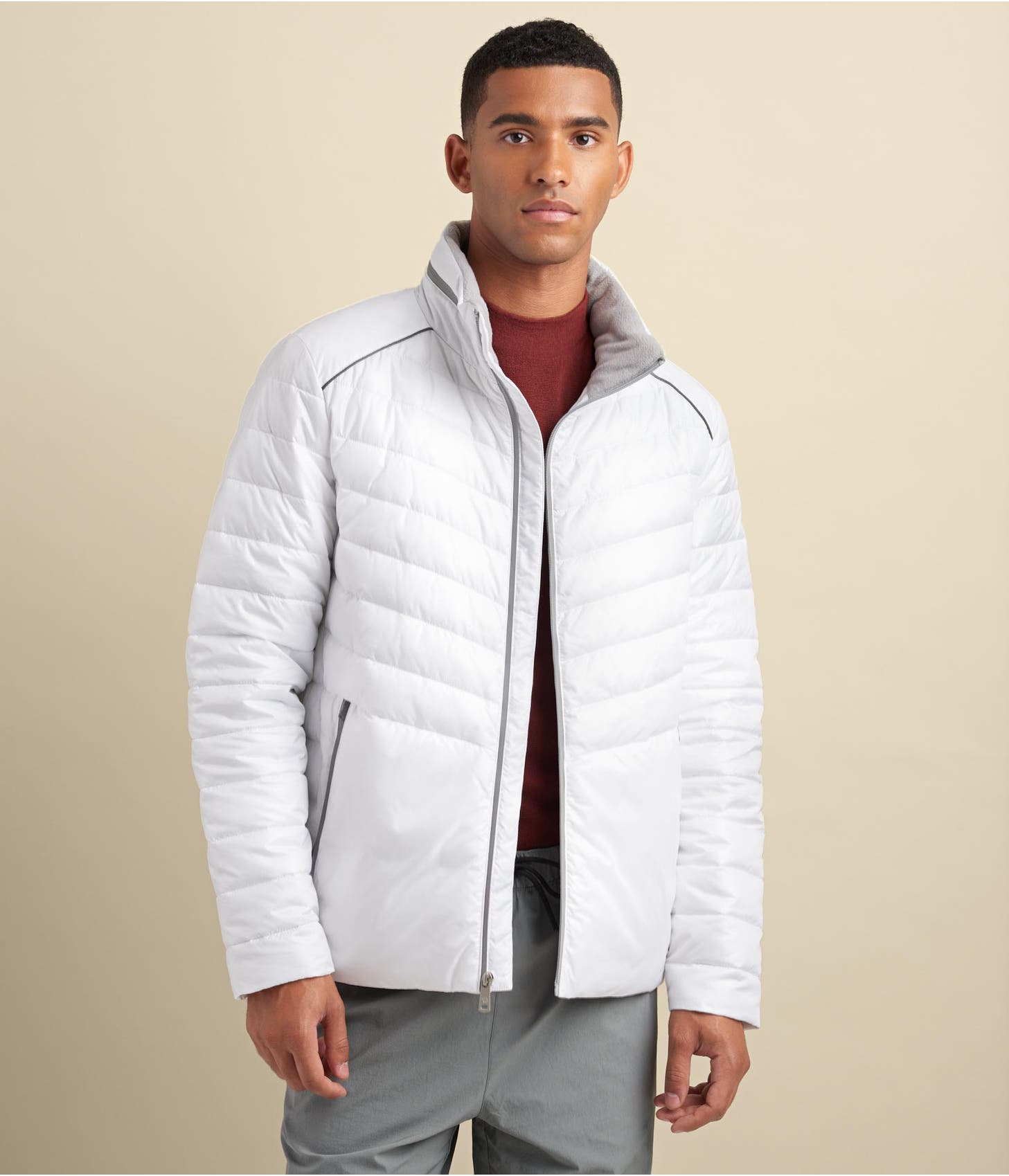 Men's Puffer Leather Jacket In White With Removable Hood