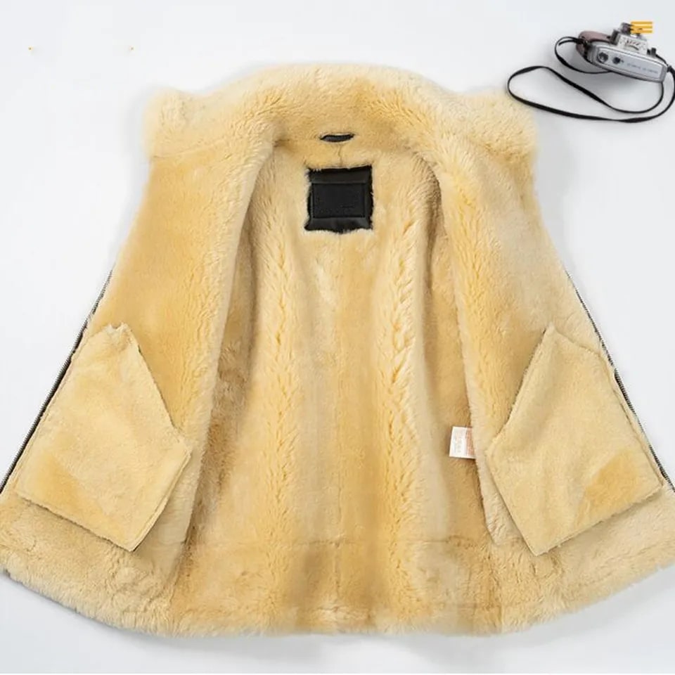 Men's Shearling Leather Vest In Beige With Removable Hood