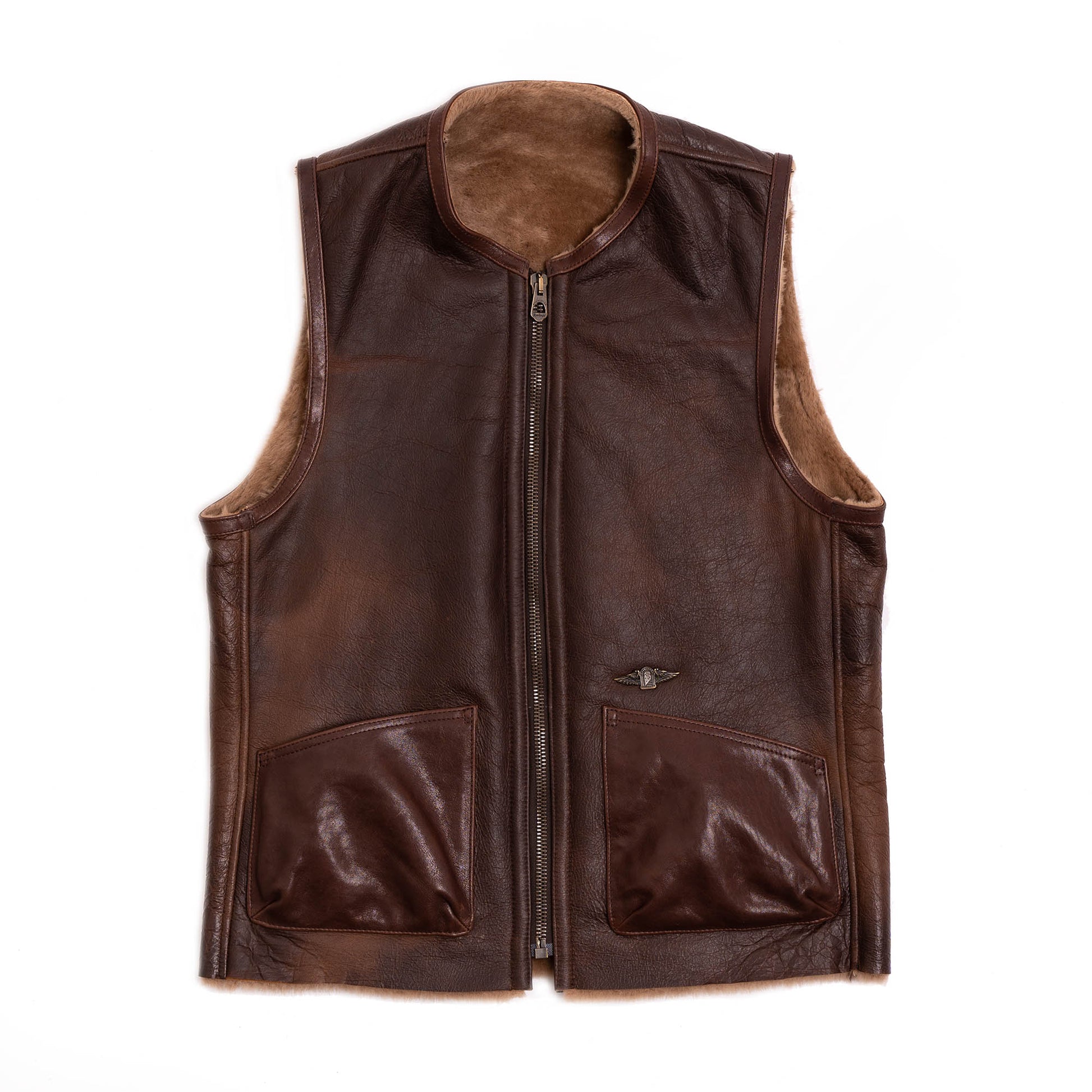 Men's Shearling Leather Vest In Chocolate Brown With Crackle Texture