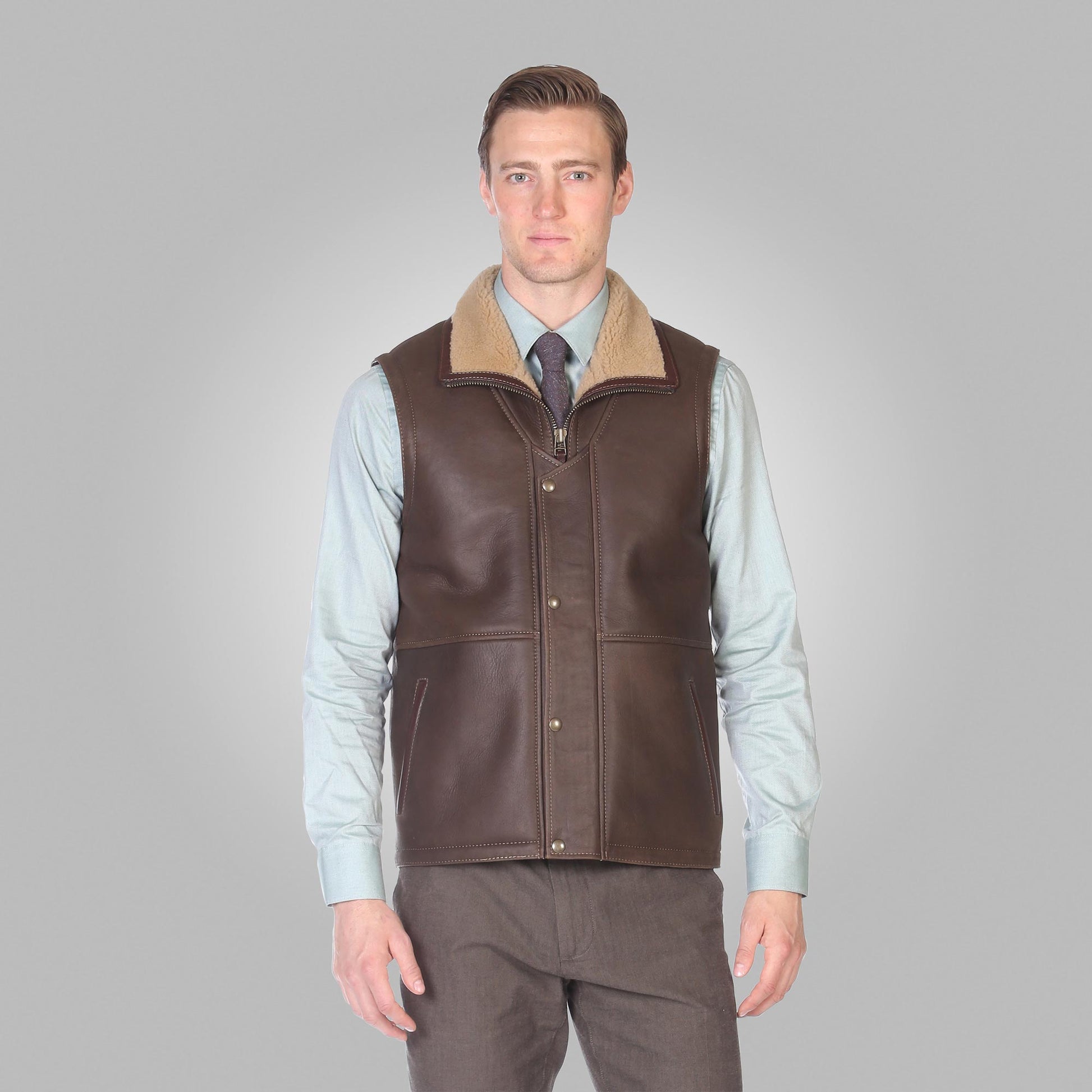 Men's Shearling Leather Vest In Chocolate Brown