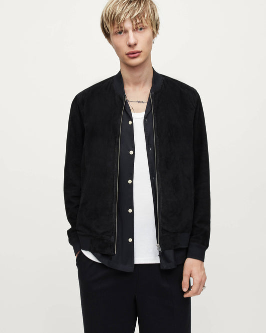 Men's Suede Leather Bomber Jacket In Black