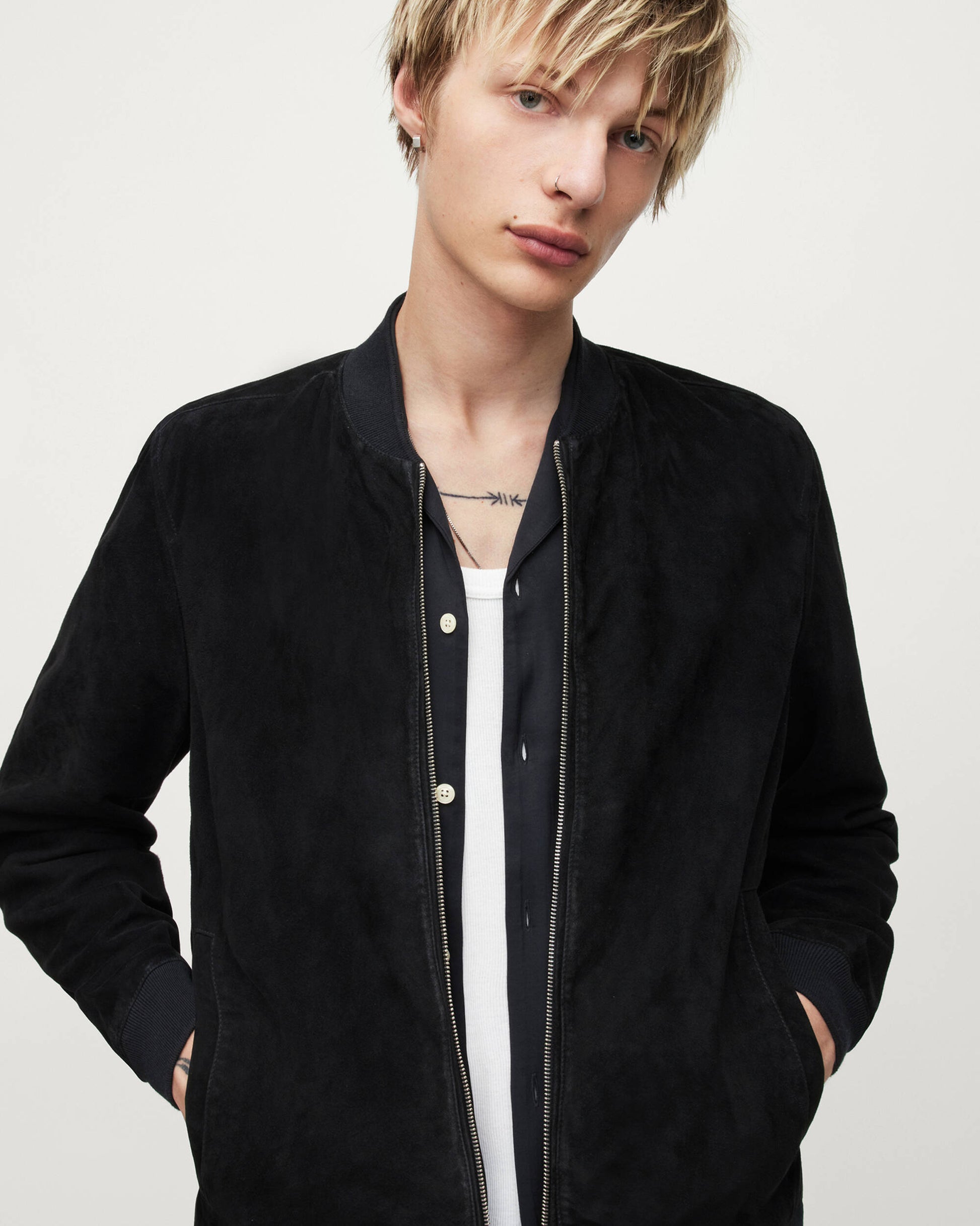 Men's Suede Leather Bomber Jacket In Black