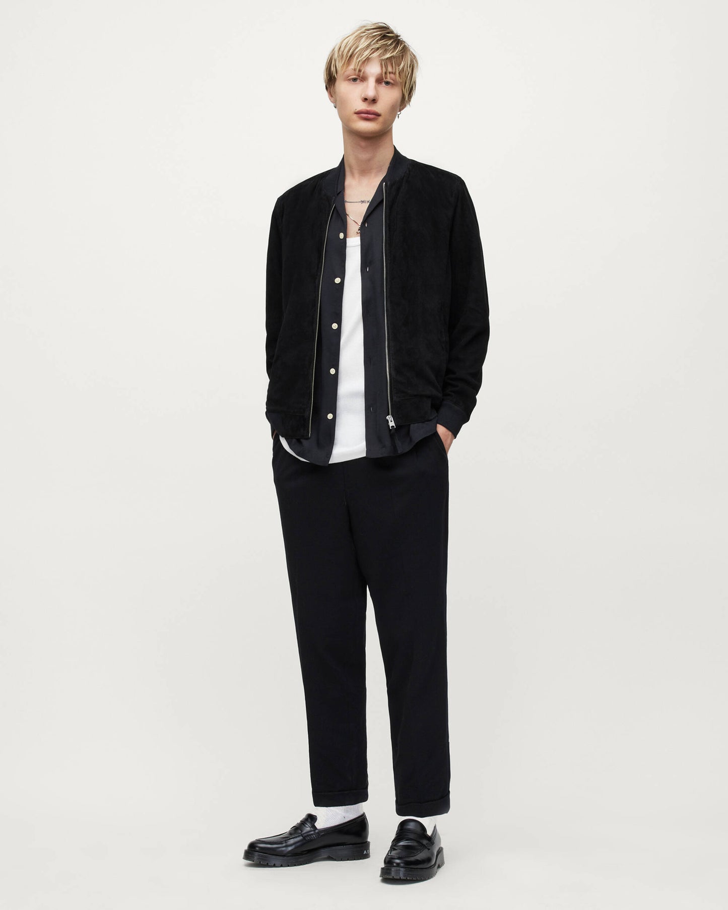 Men's Suede Leather Bomber Jacket In Black