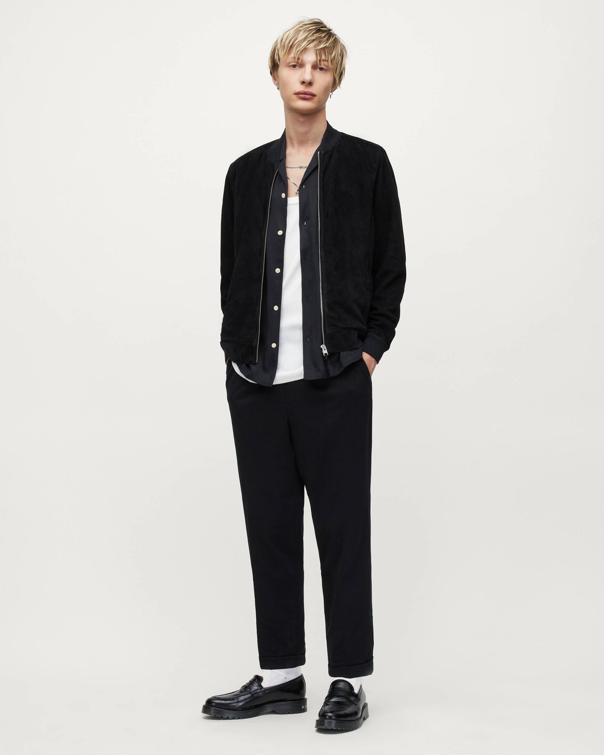 Men's Suede Leather Bomber Jacket In Black
