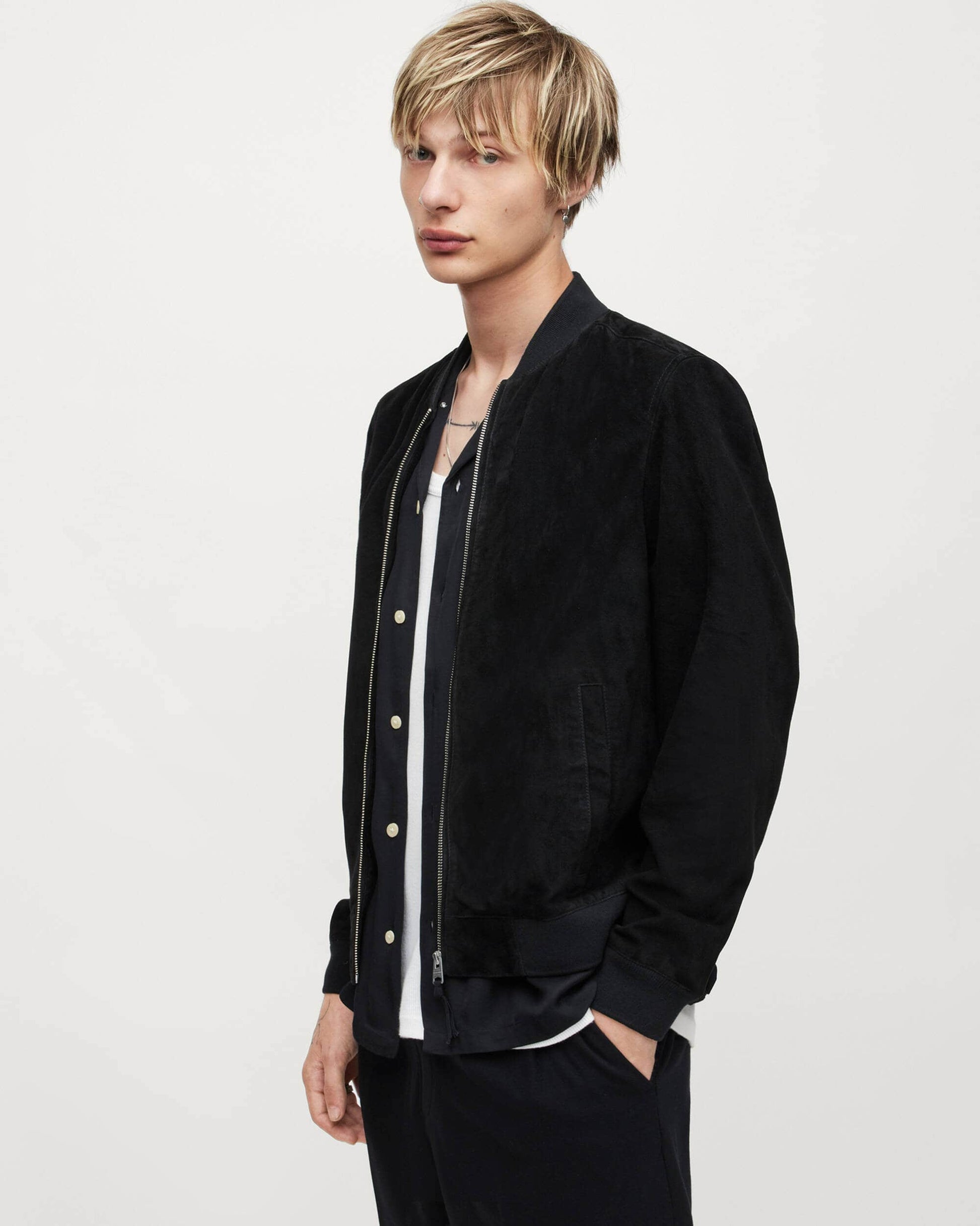 Men's Suede Leather Bomber Jacket In Black