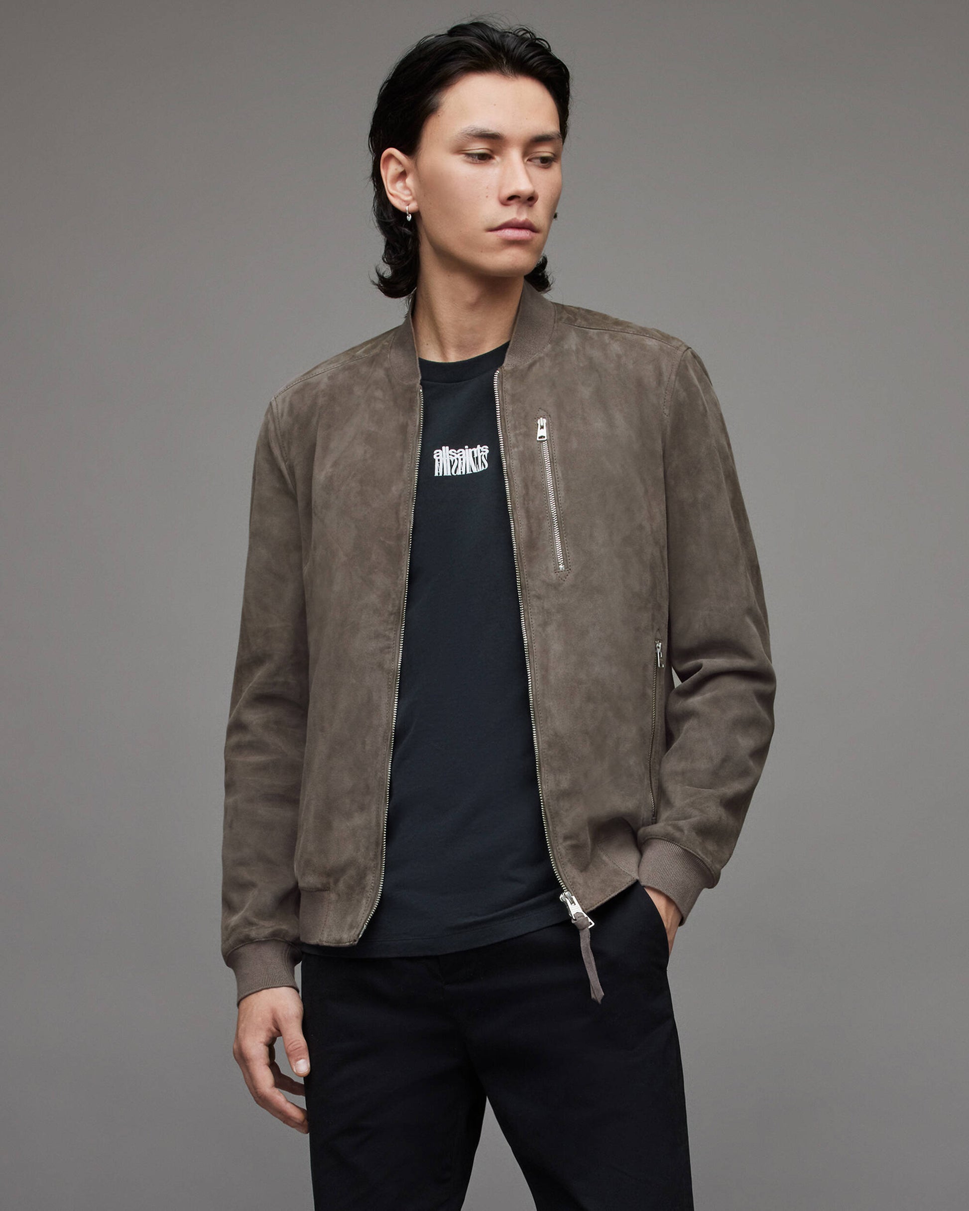 Men's Suede Leather Bomber Jacket In Gray