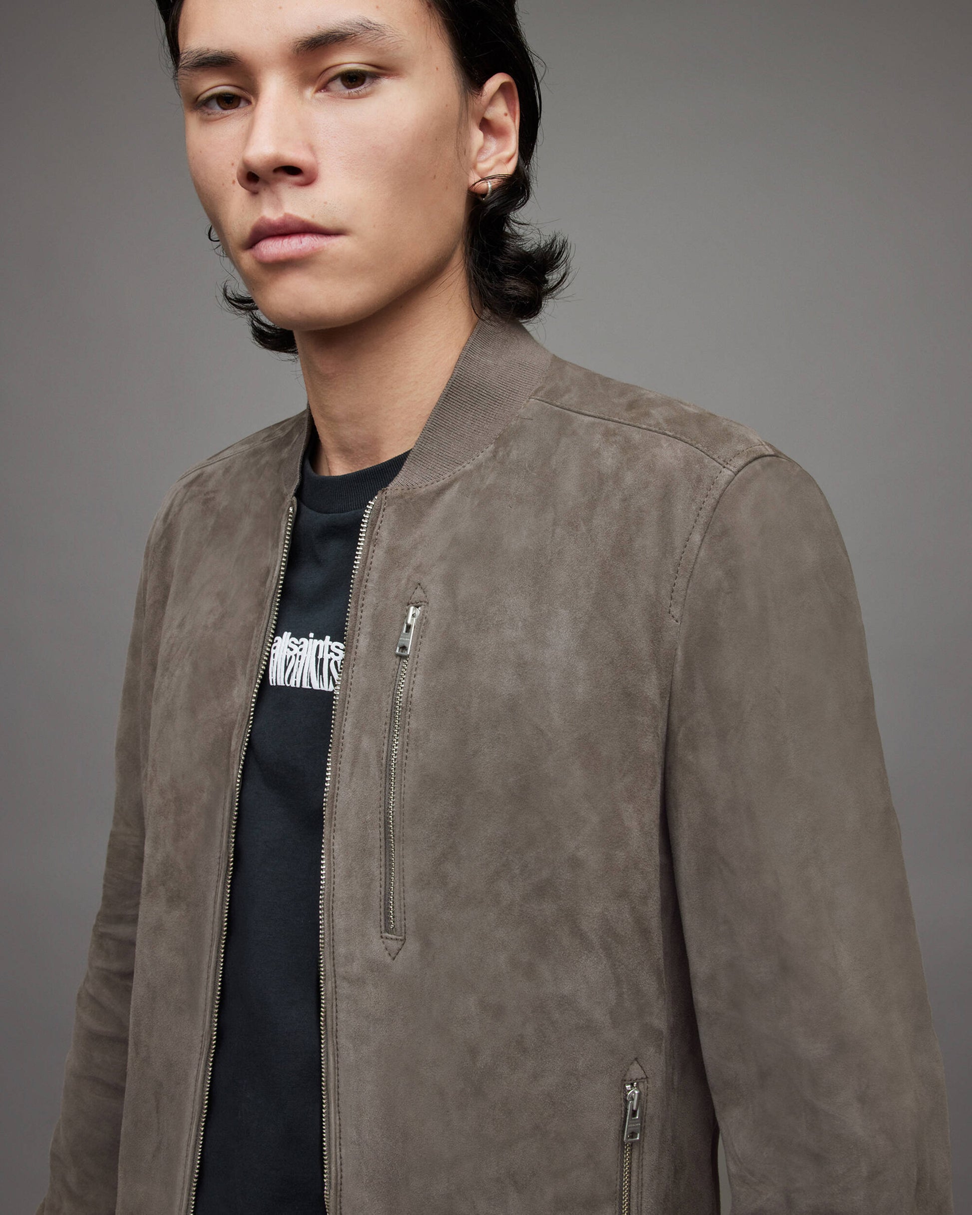 Men's Suede Leather Bomber Jacket In Gray