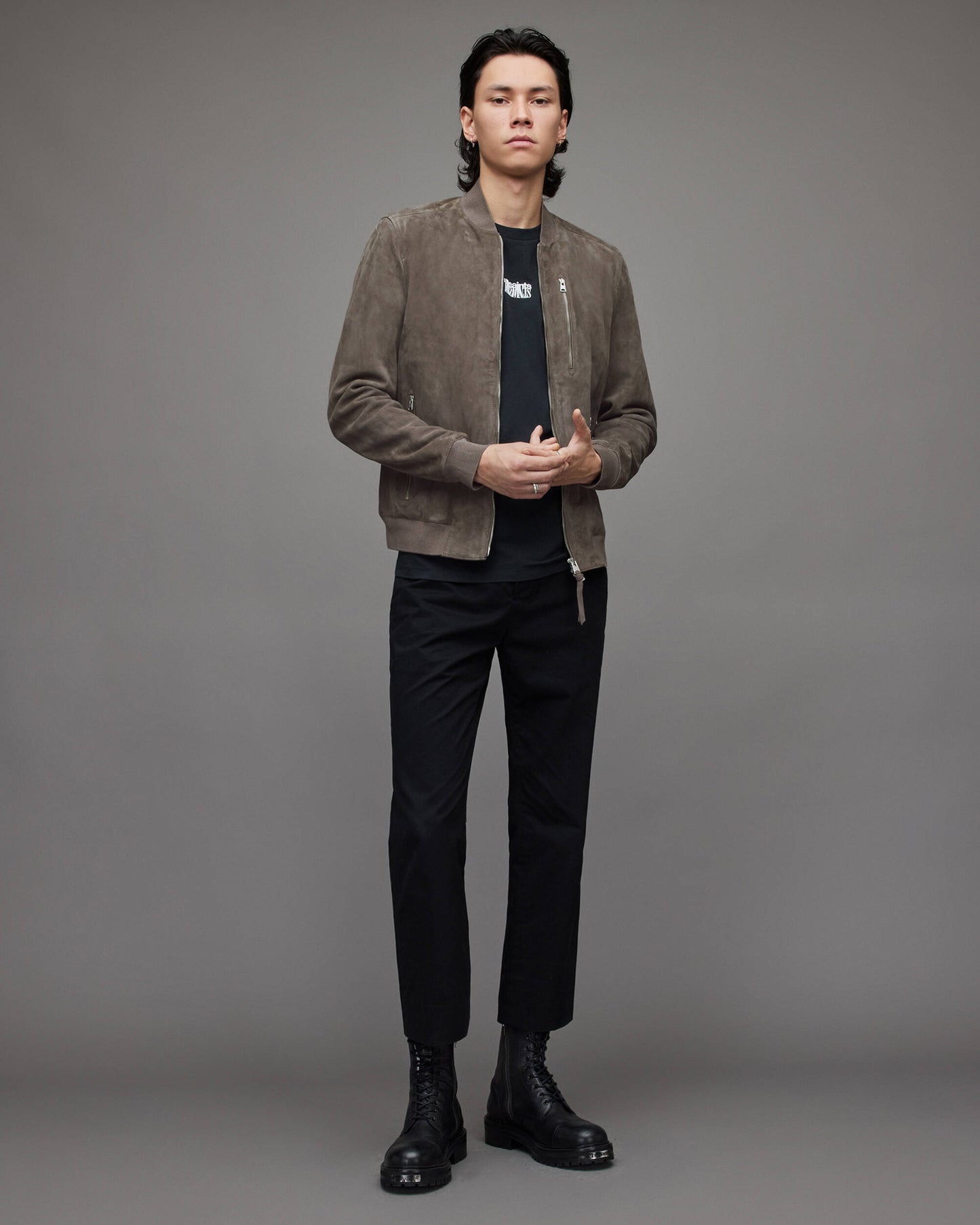 Men's Suede Leather Bomber Jacket In Gray