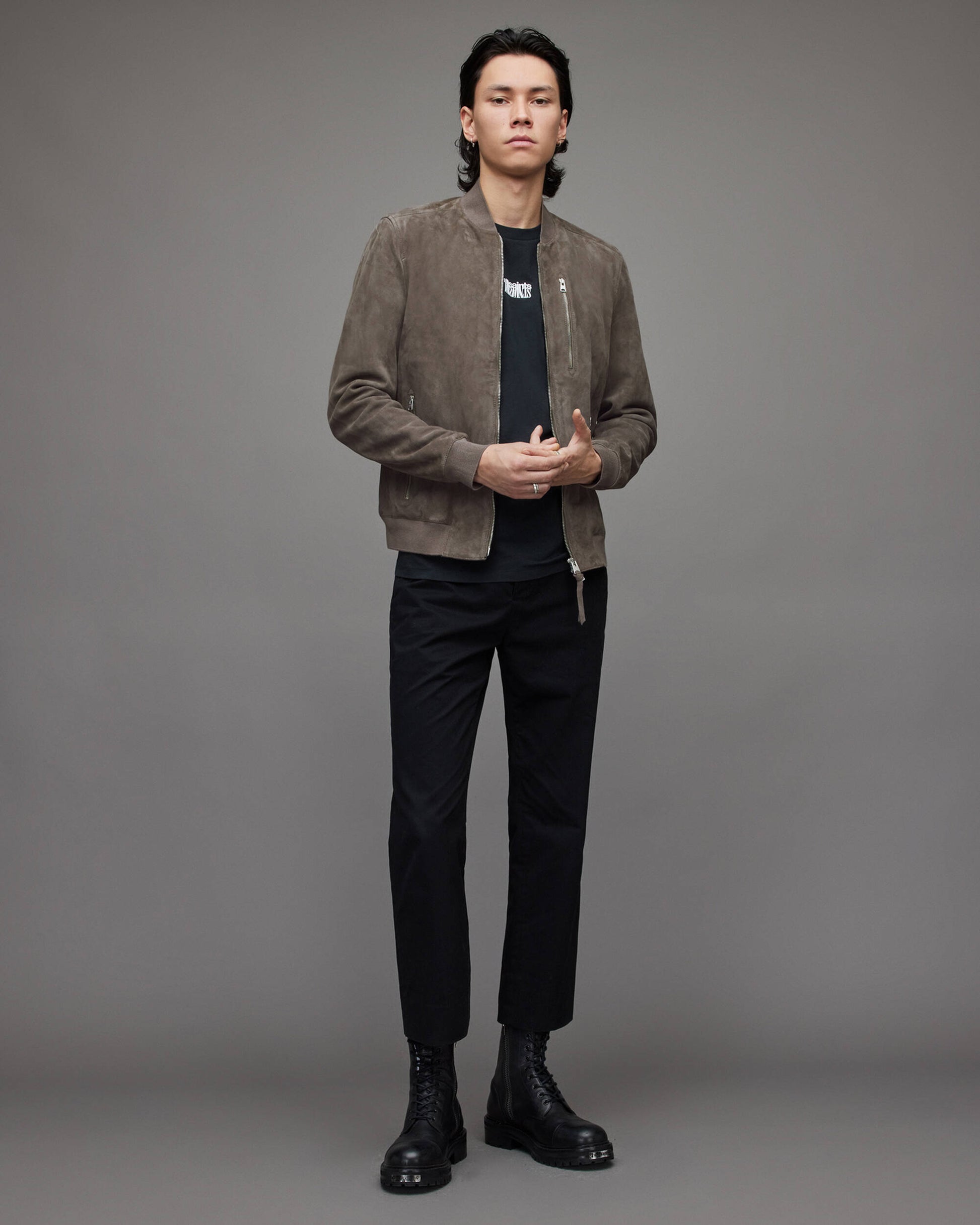 Men's Suede Leather Bomber Jacket In Gray