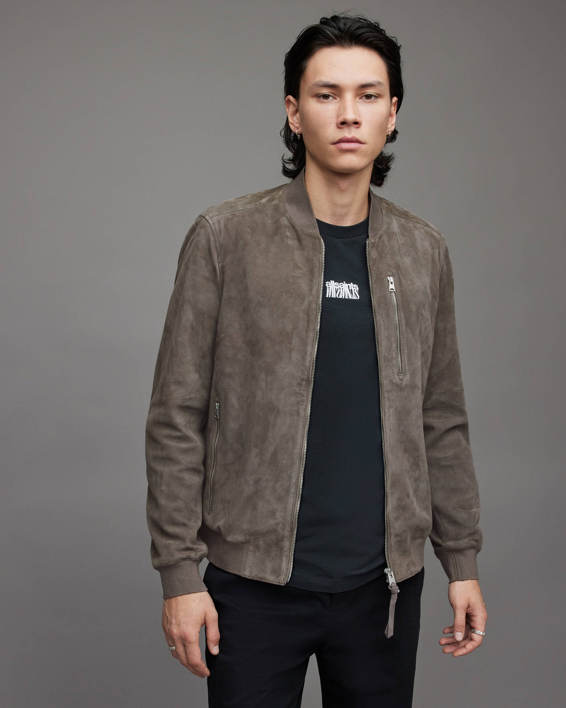 Men's Suede Leather Bomber Jacket In Gray