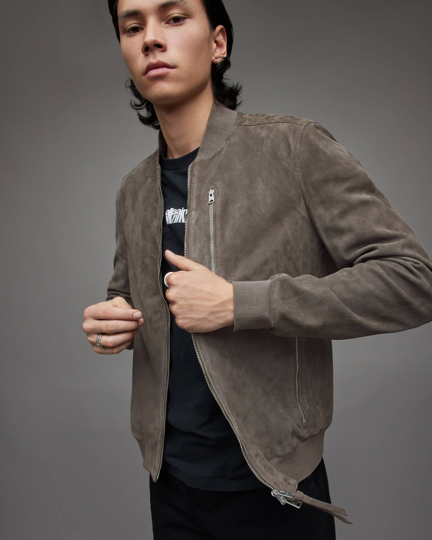 Men's Suede Leather Bomber Jacket In Gray