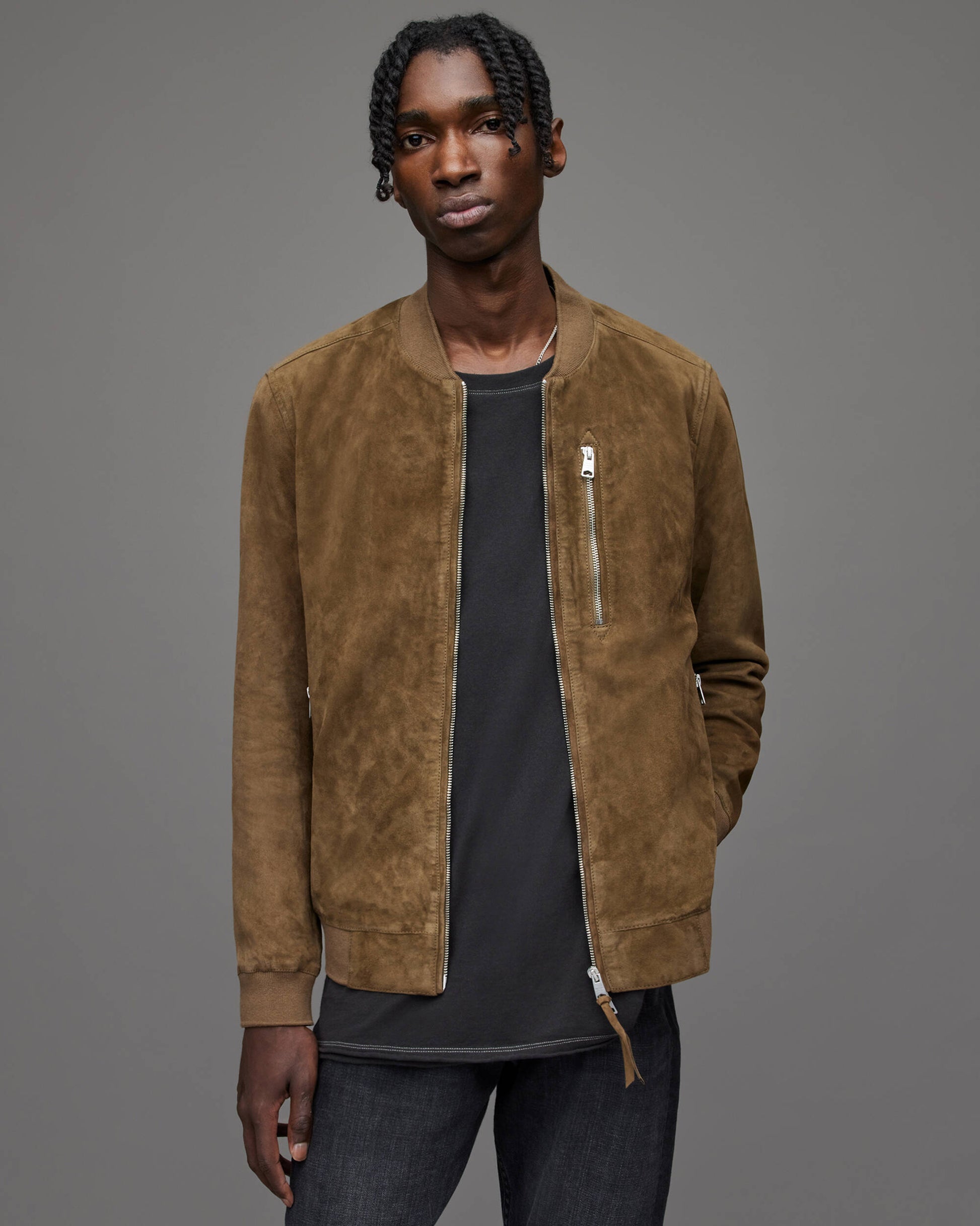 Men's Suede Leather Bomber Jacket In Tan Brown