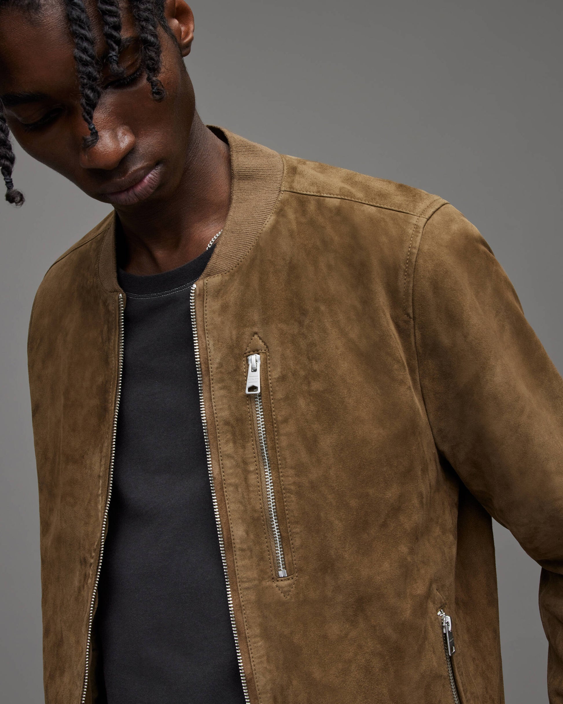 Men's Suede Leather Bomber Jacket In Tan Brown