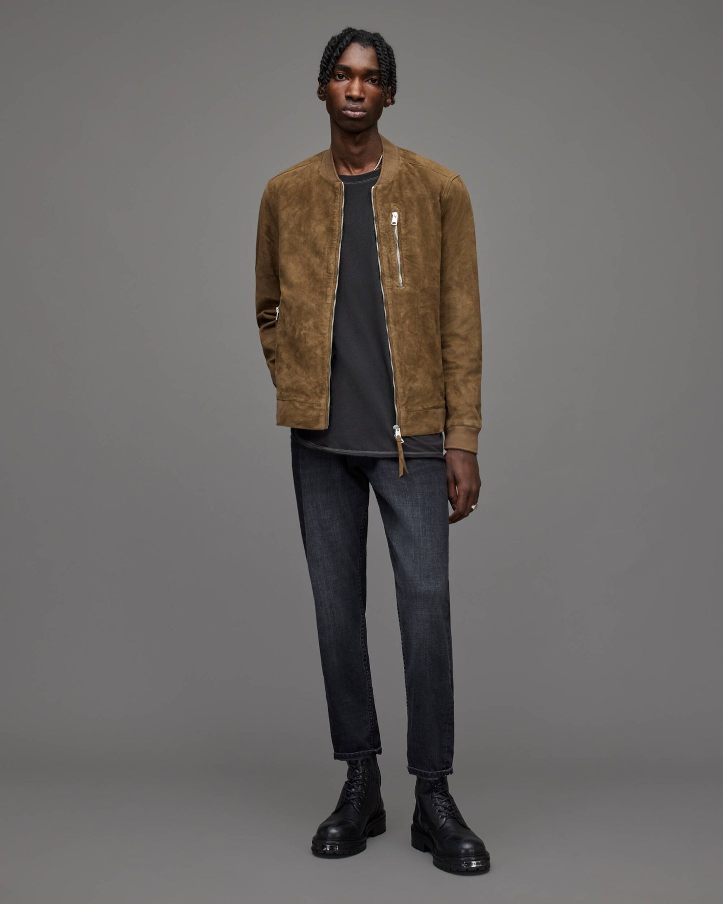 Men's Suede Leather Bomber Jacket In Tan Brown