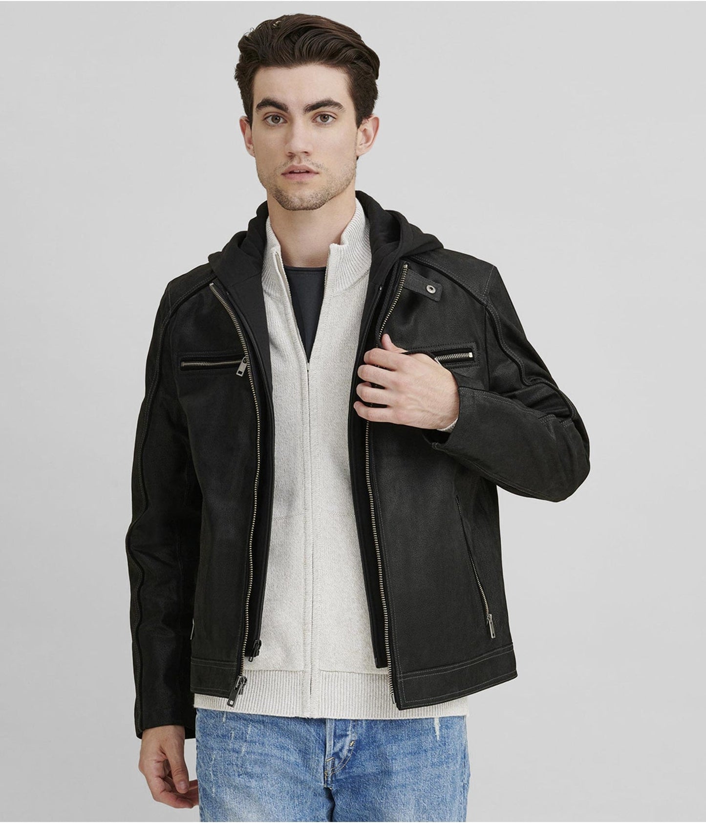 Men's Suede Leather Cafe Racer Jacket In Black