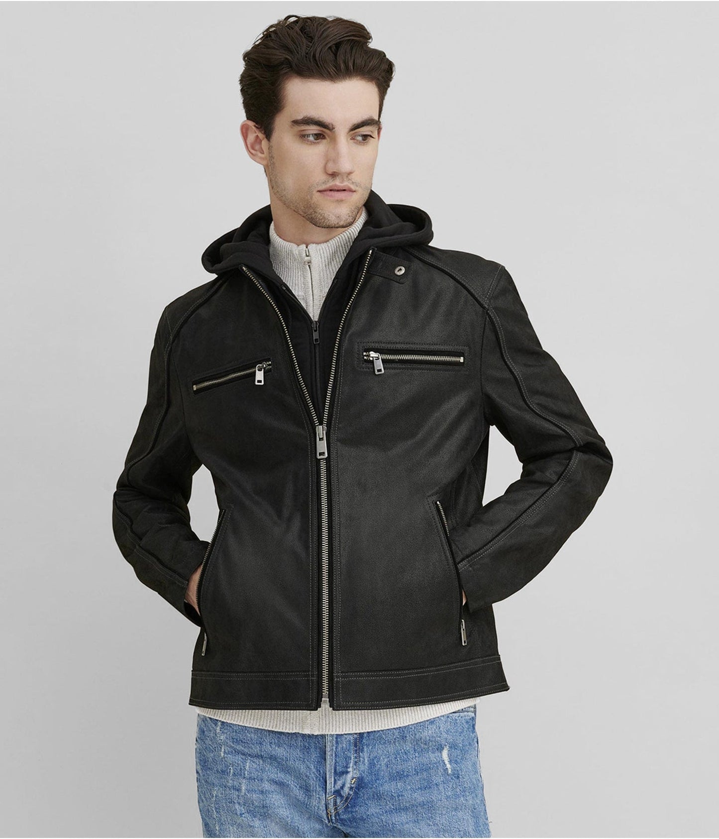 Men's Suede Leather Cafe Racer Jacket In Black