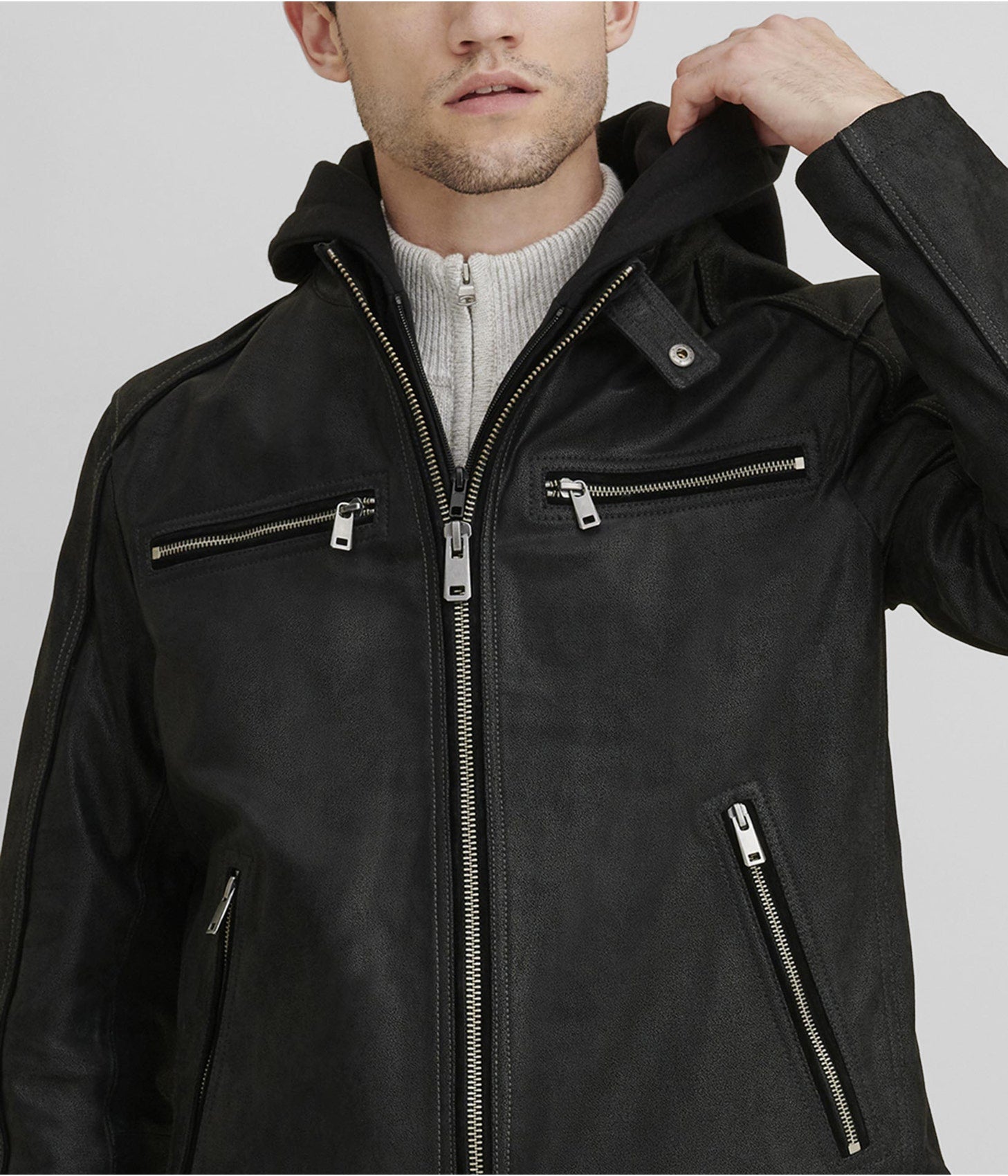 Men's Suede Leather Cafe Racer Jacket In Black
