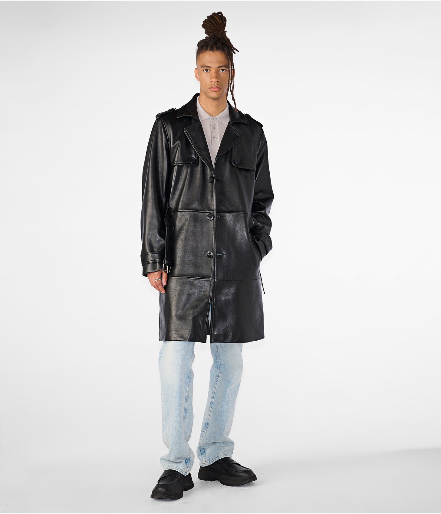 Men's Trench Leather Coat In Black With Belt