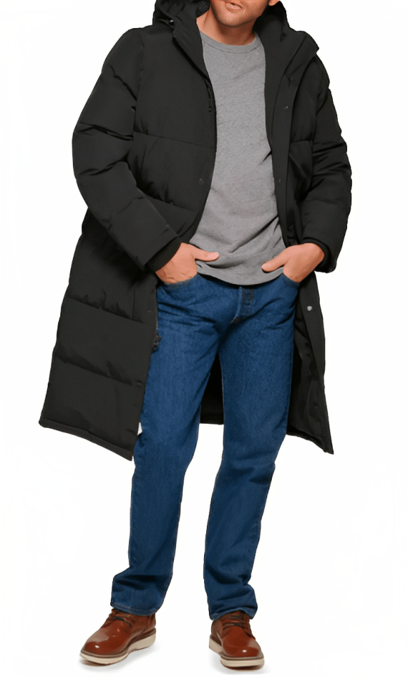 Men's Trench Puffer Coat In Black With Hood