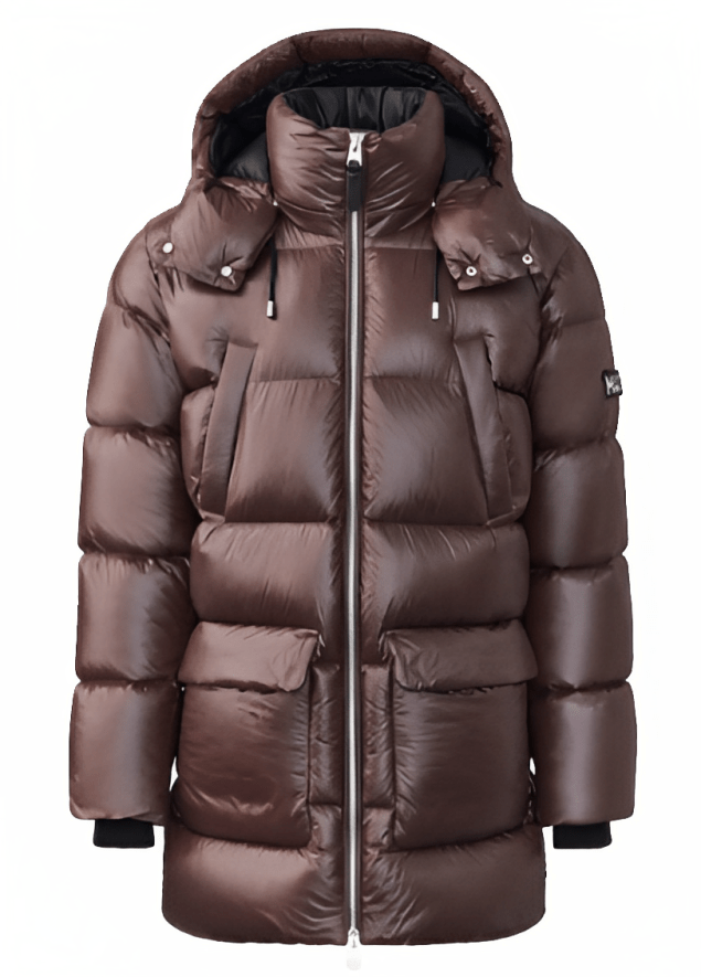 Men's Trench Puffer Coat In Chocolate Brown With Removable Hood