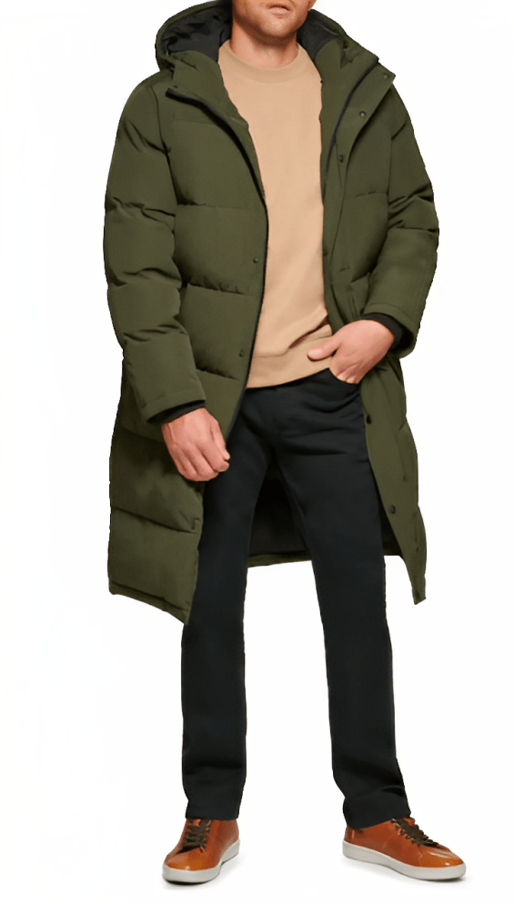 Men's Trench Puffer Coat In Khaki With Hood