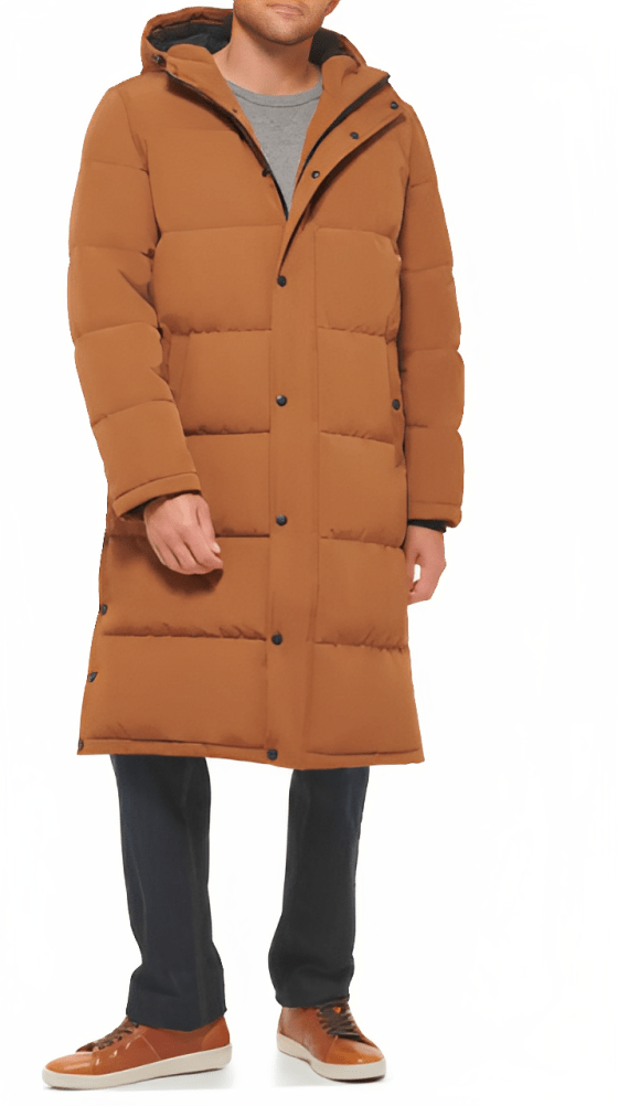 Men's Trench Puffer Coat In Tan With Hood