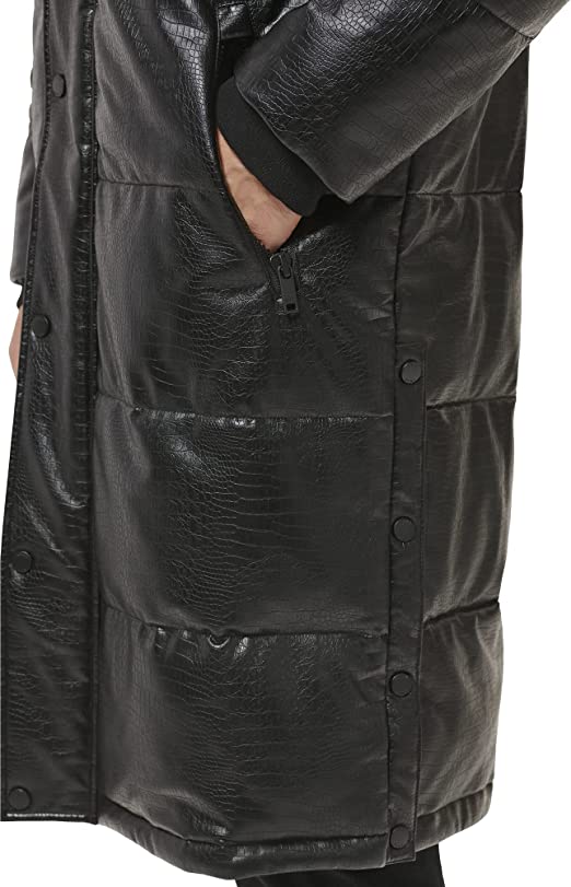 Men's Trench Puffer Leather Coat In Black With Snakeskin Texture