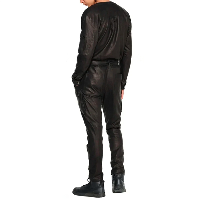 Men's Cargo Style Leather Jumpsuit In Black
