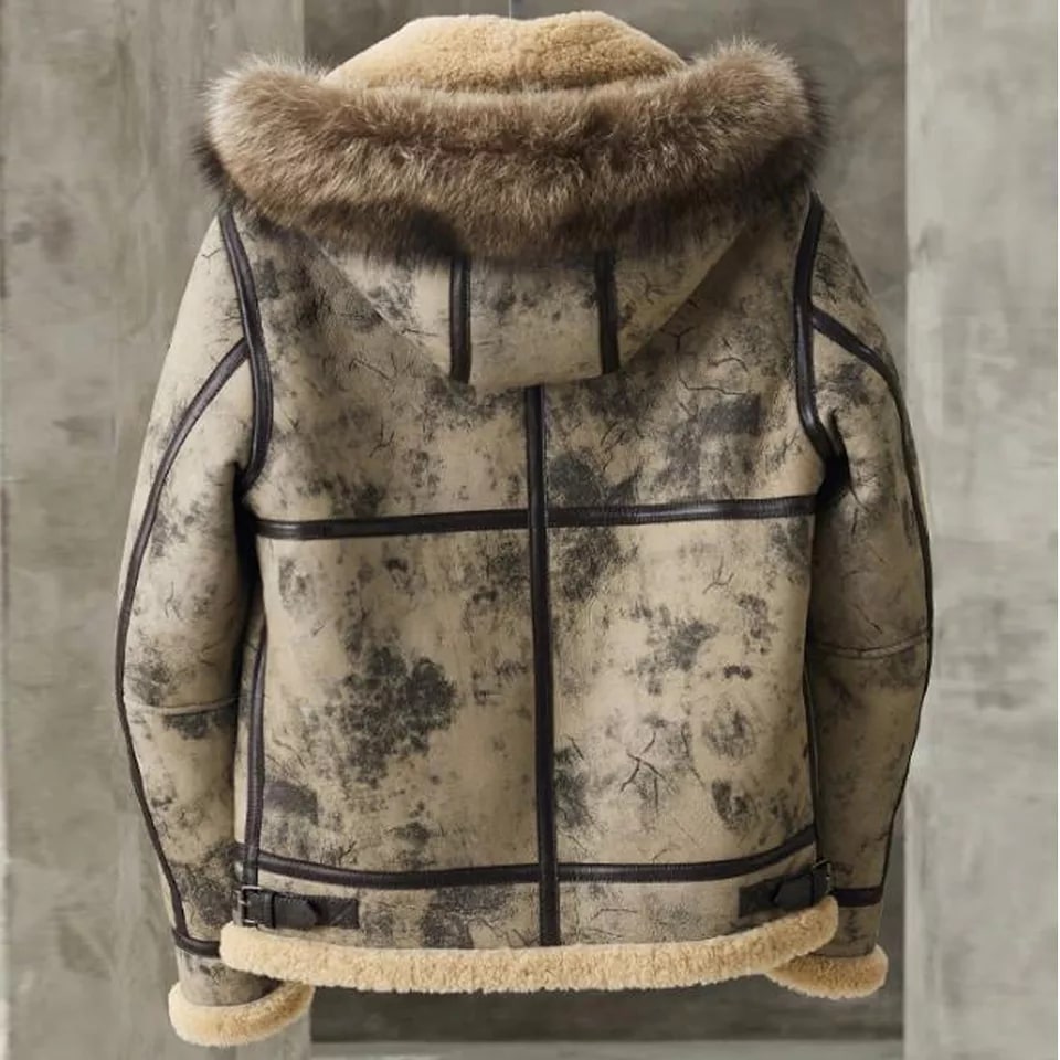 Men's Distressed Shearling Leather Jacket With Fur Hooded