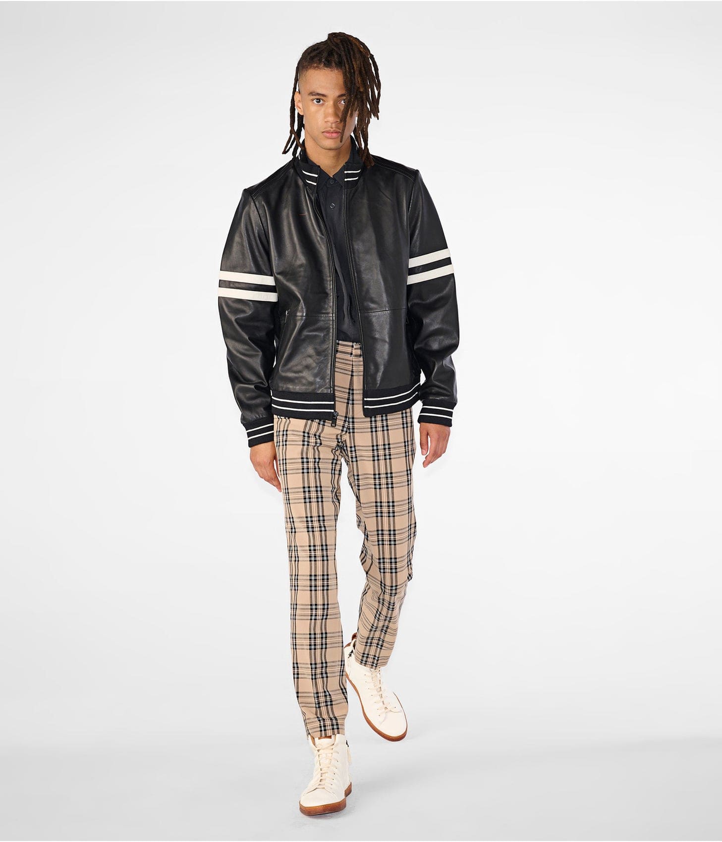 Men's Leather Bomber Jacket In Black With Stripes