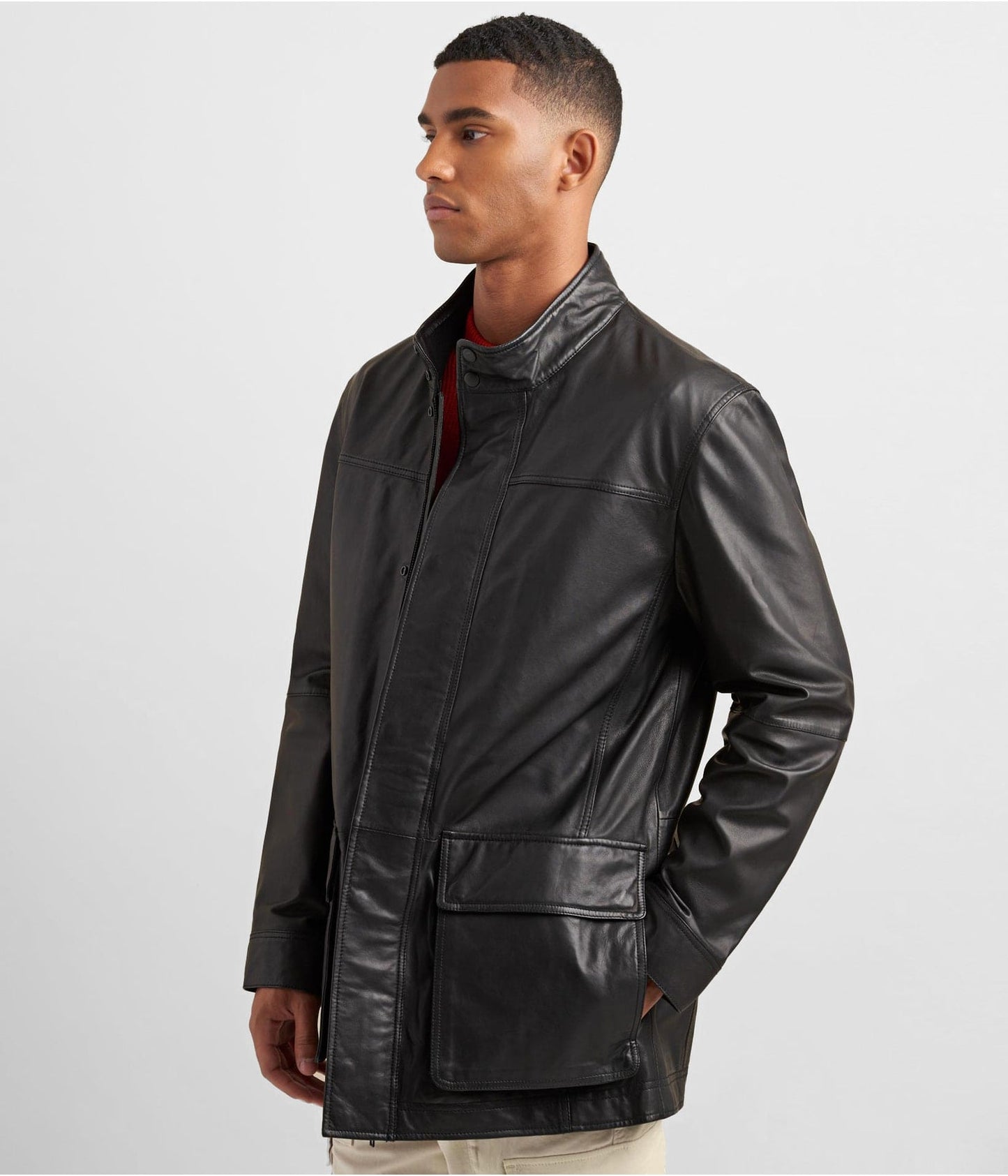 Men's Leather Coat In Black With Patch Pockets