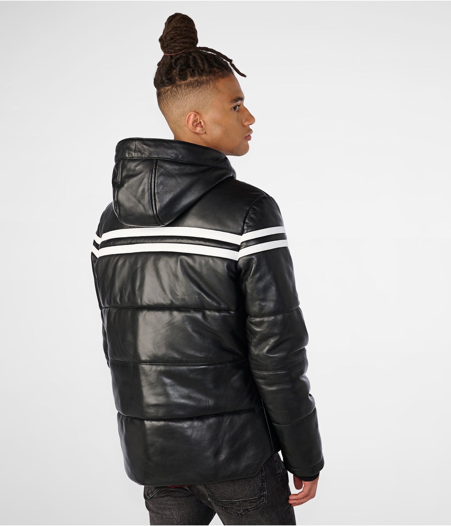 Men's Leather Hooded Puffer Jacket In Black