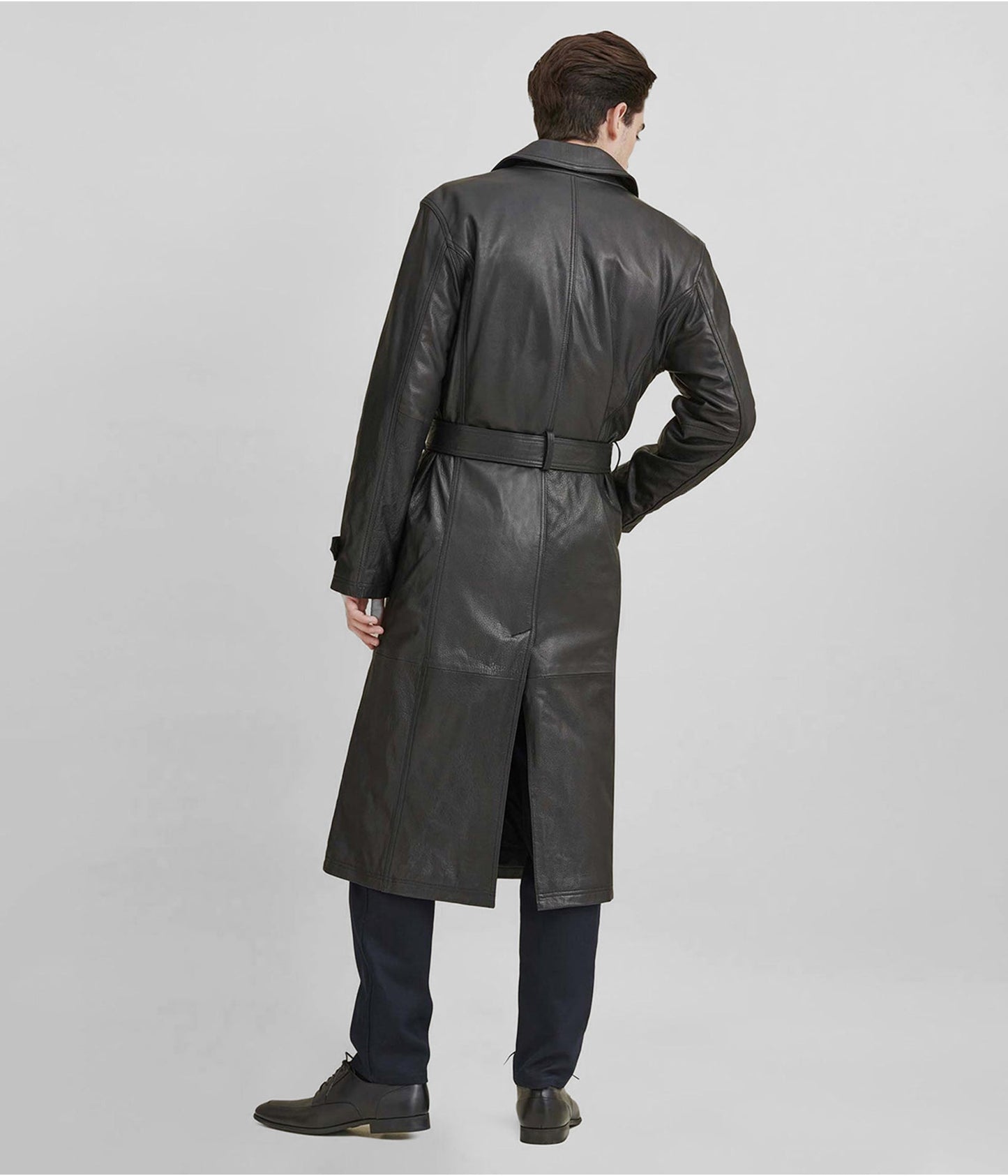 Men's Leather Trench Coat In Black With Belt