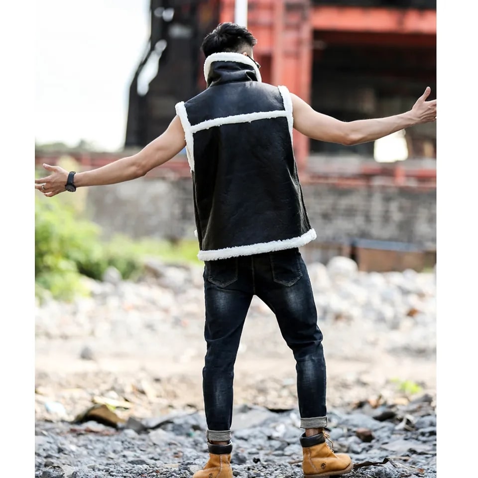 Men's Shearling Leather Jacket In Black With Crackle Texture