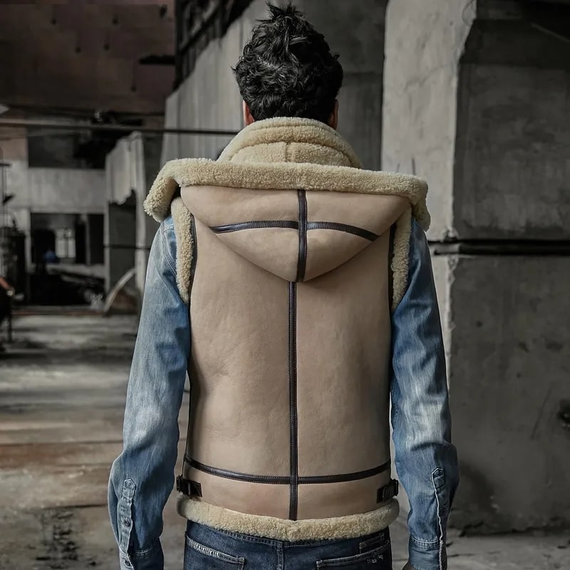 Men's Shearling Leather Vest In Beige With Removable Hood