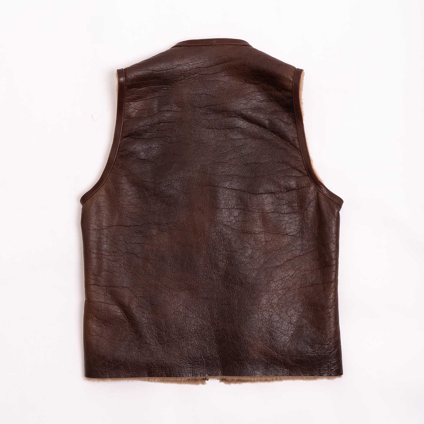 Men's Shearling Leather Vest In Chocolate Brown With Crackle Texture