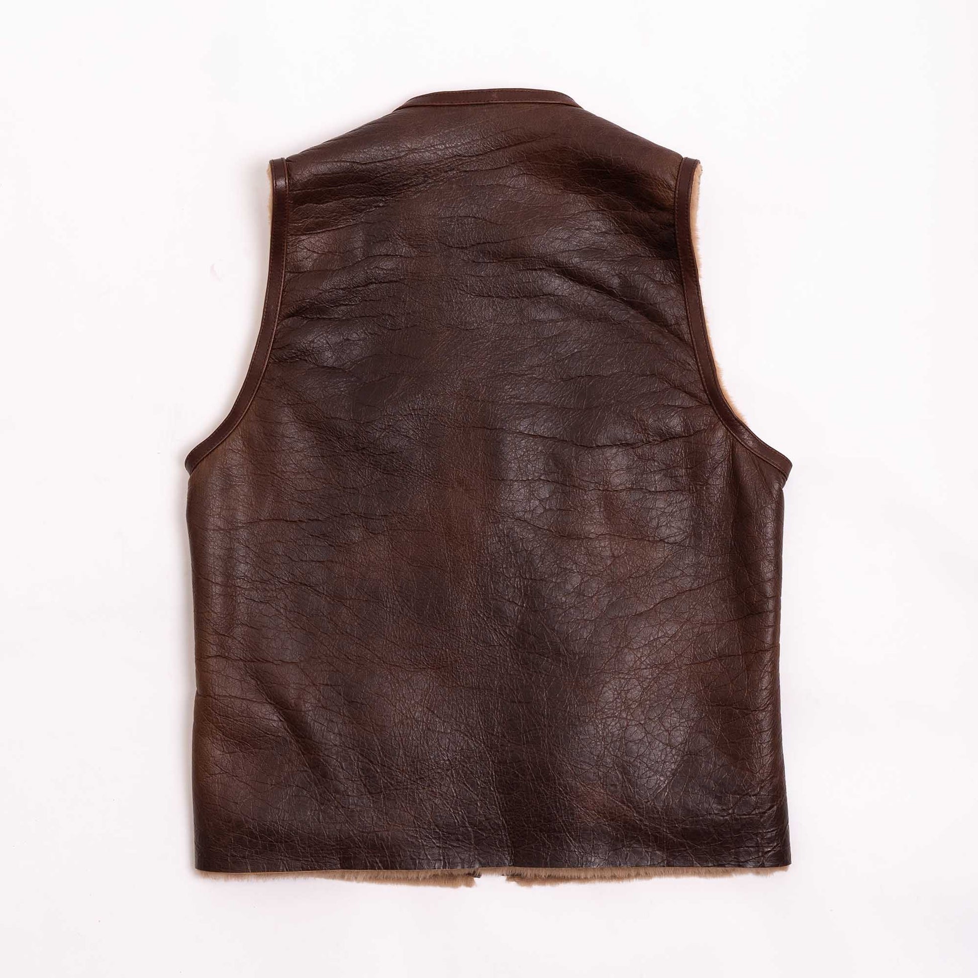 Men's Shearling Leather Vest In Chocolate Brown With Crackle Texture