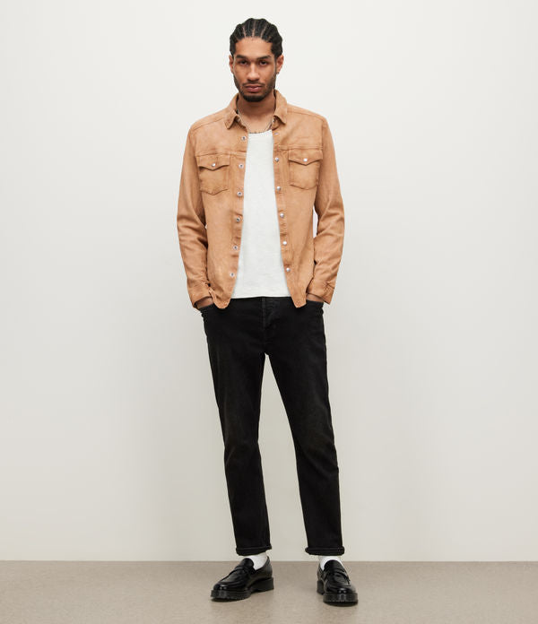 Men's Suede Leather Shirt In Beige Brown