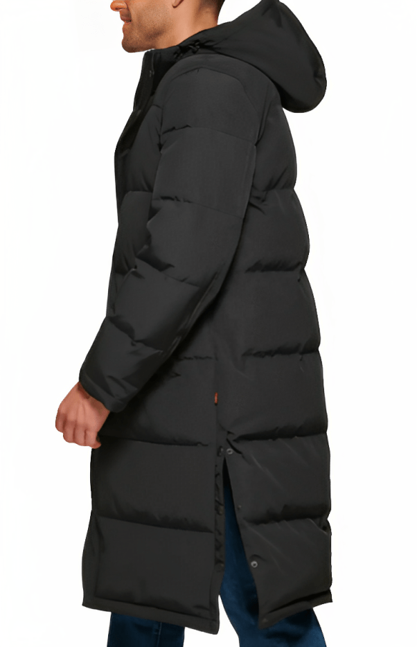 Men's Trench Puffer Coat In Black With Hood