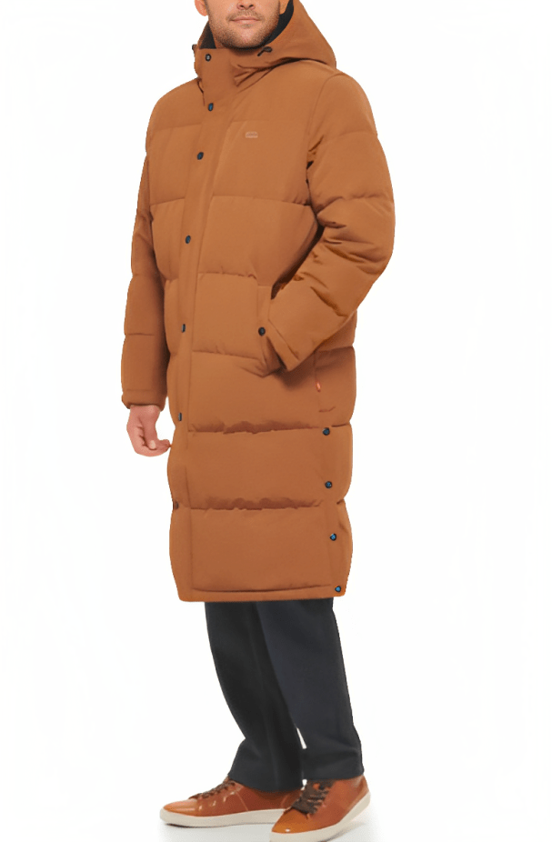 Men's Trench Puffer Coat In Tan With Hood