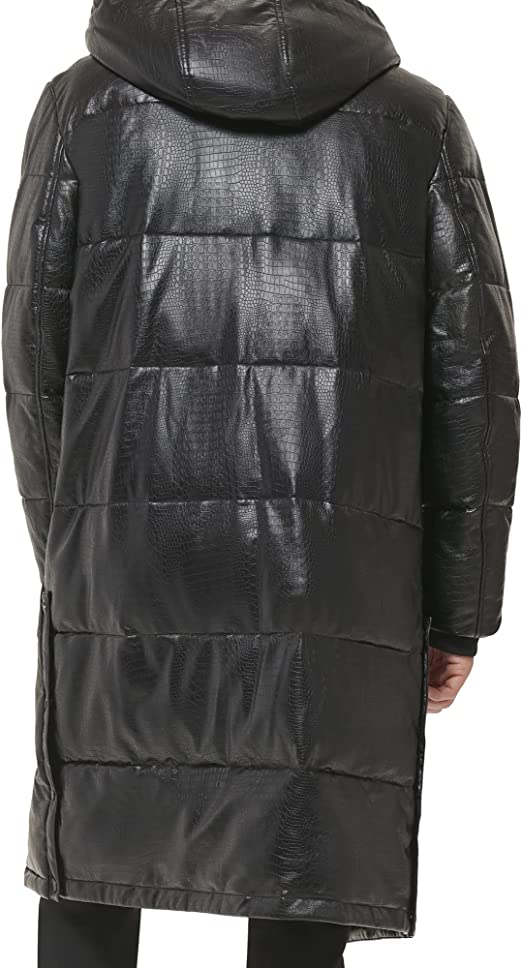 Men's Trench Puffer Leather Coat In Black With Snakeskin Texture